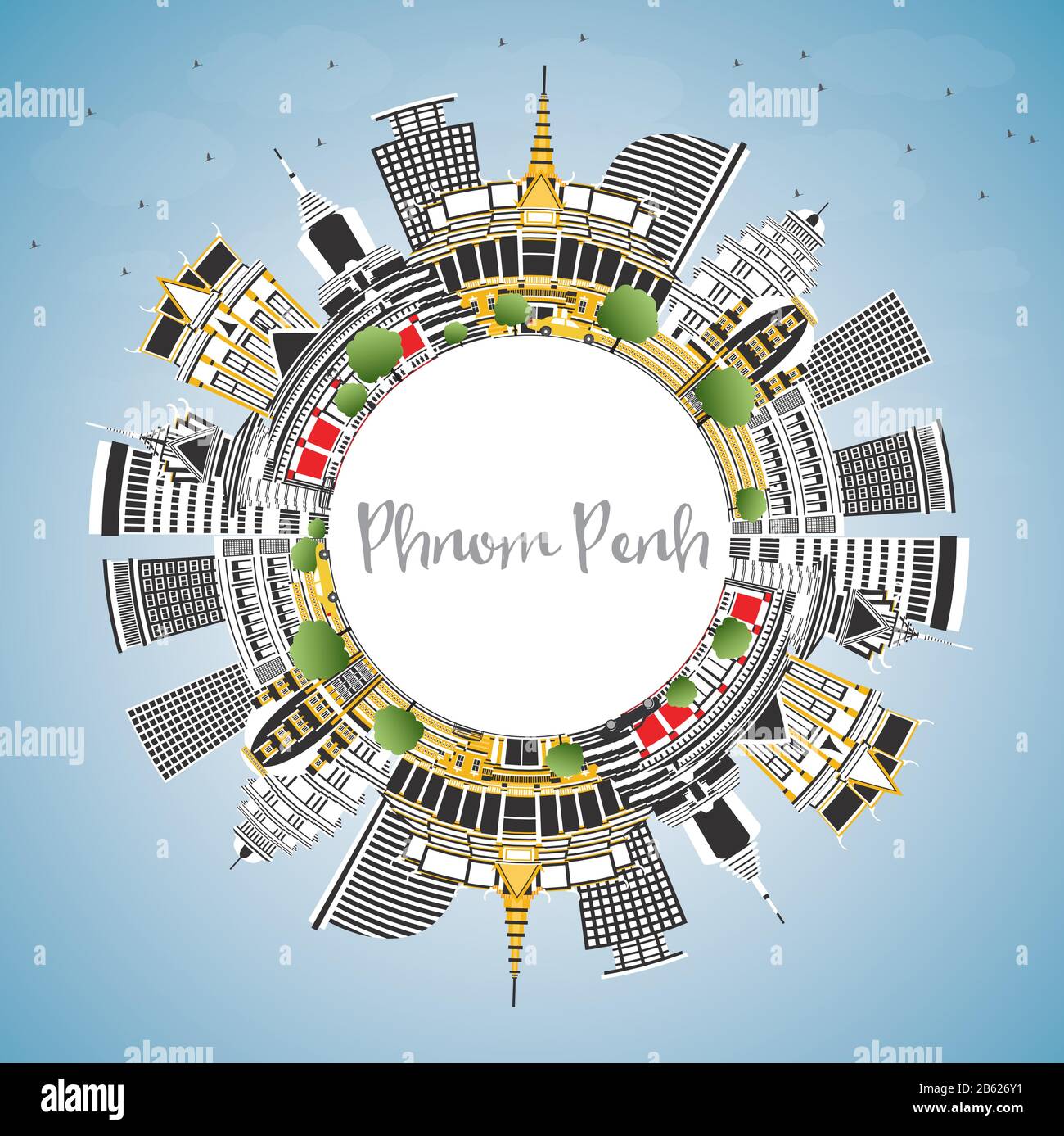 Phnom Penh Kambodscha Skyline der Stadt mit Gebäuden, blauer Himmel und Kopieren. Vector Illustration. Stock Vektor