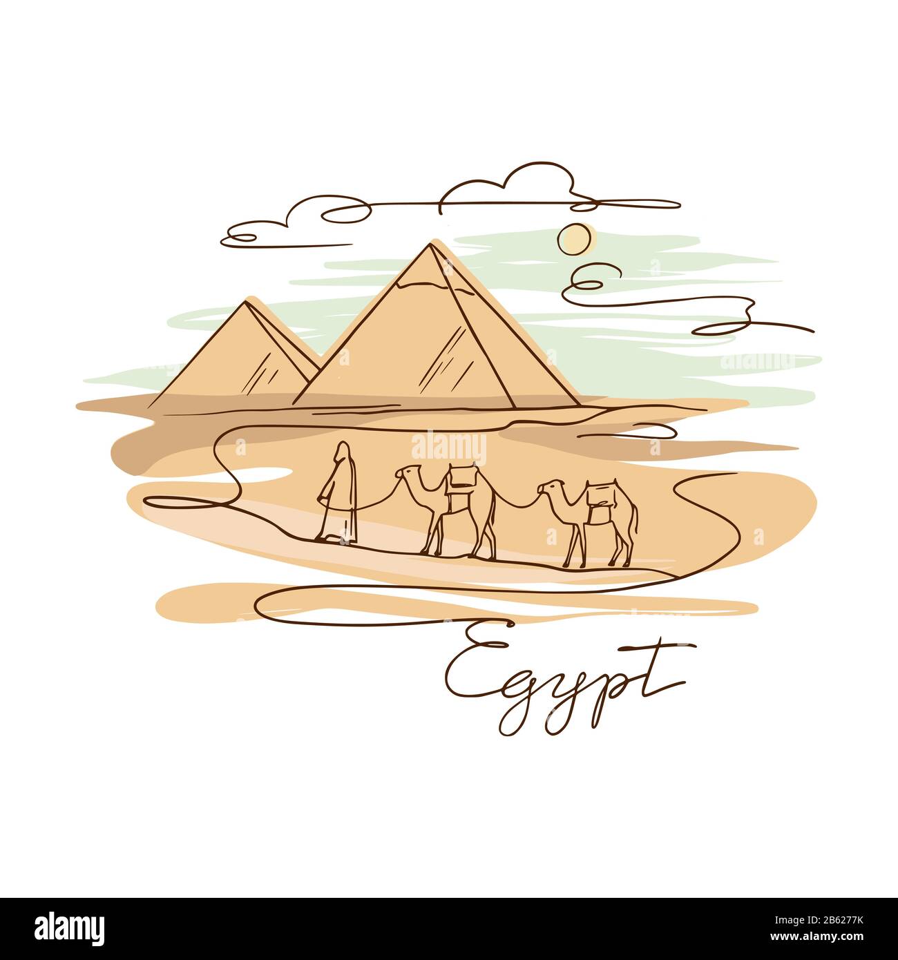 Farbenfrohe, handgezeichnete Vektorgrafiken der Pyramide von Gizeh, Sphinx, Ägypten handgezeichnet in einem weißen Hintergrund. Stock Vektor