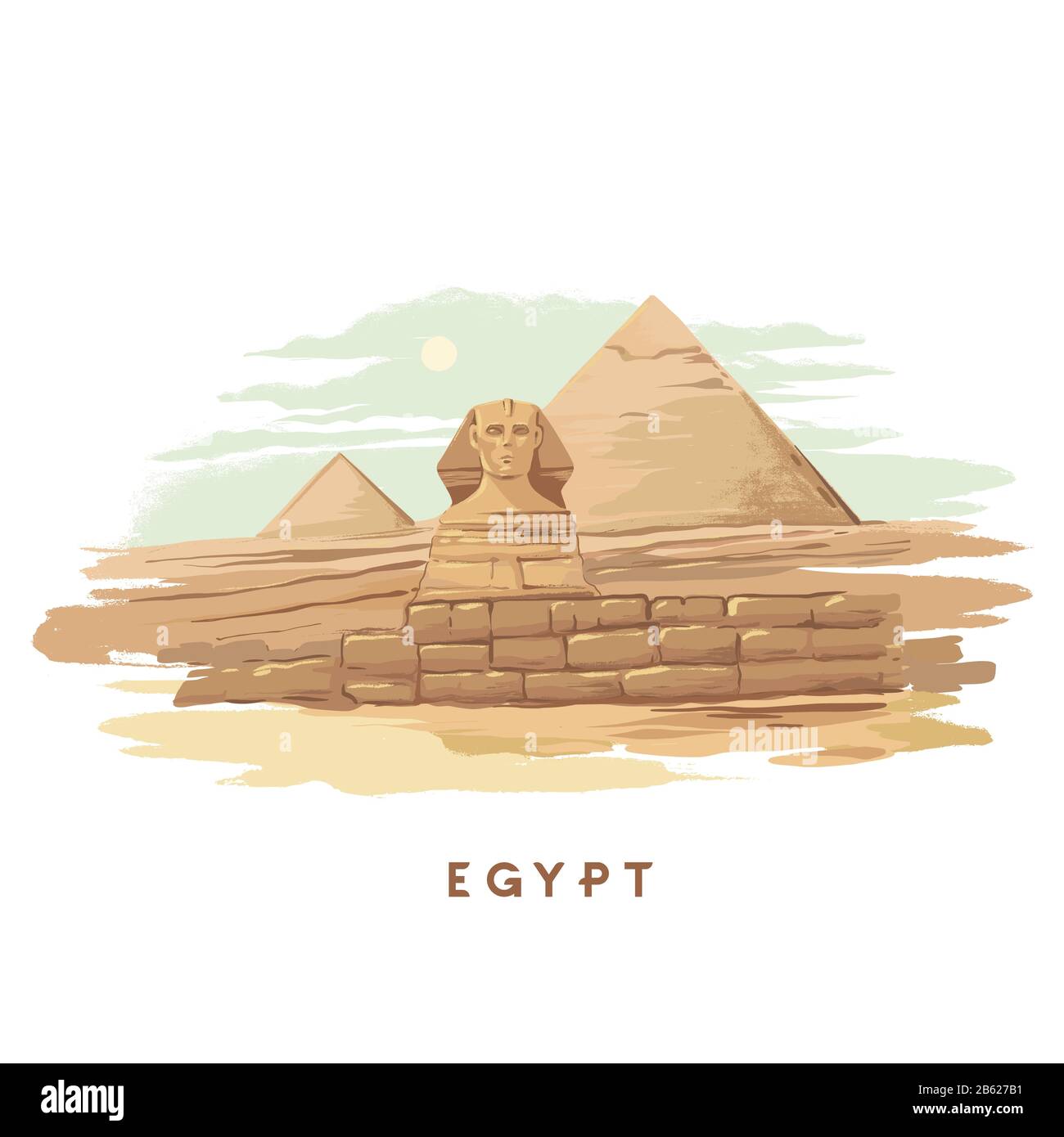 Farbenfrohe, handgezeichnete Vektorgrafiken der Pyramide von Gizeh, Sphinx, Ägypten handgezeichnet in einem weißen Hintergrund. Stock Vektor
