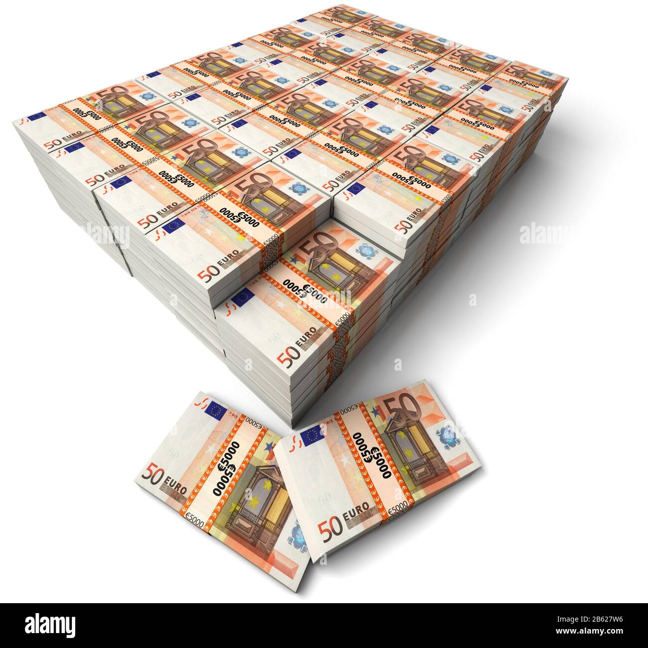 Eine Million Euro. Stapel von Banknoten auf weißem Hintergrund. Reichtum. Fortune. Wininng. Stockfoto