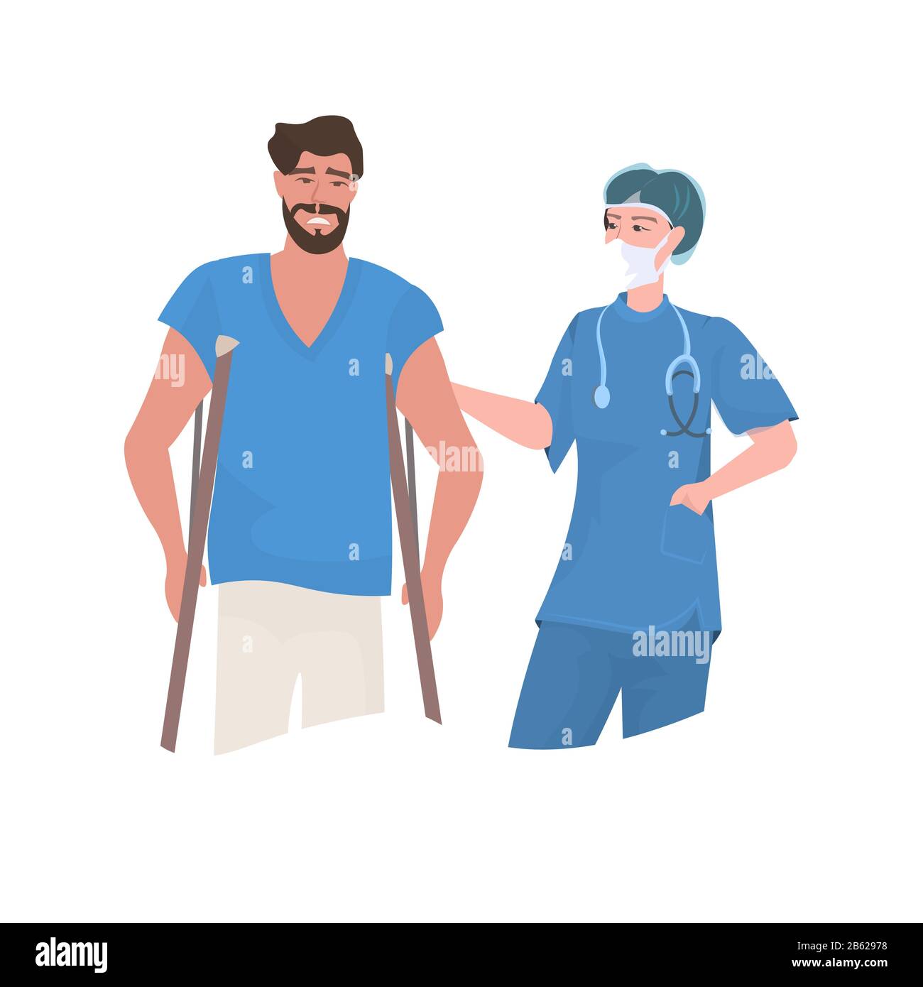 Arzt Physiotherapeutin hilft männlichen Patienten auf Krücken im Krankenhaus Medizin Konzept Portrait Vektor Illustration Stock Vektor