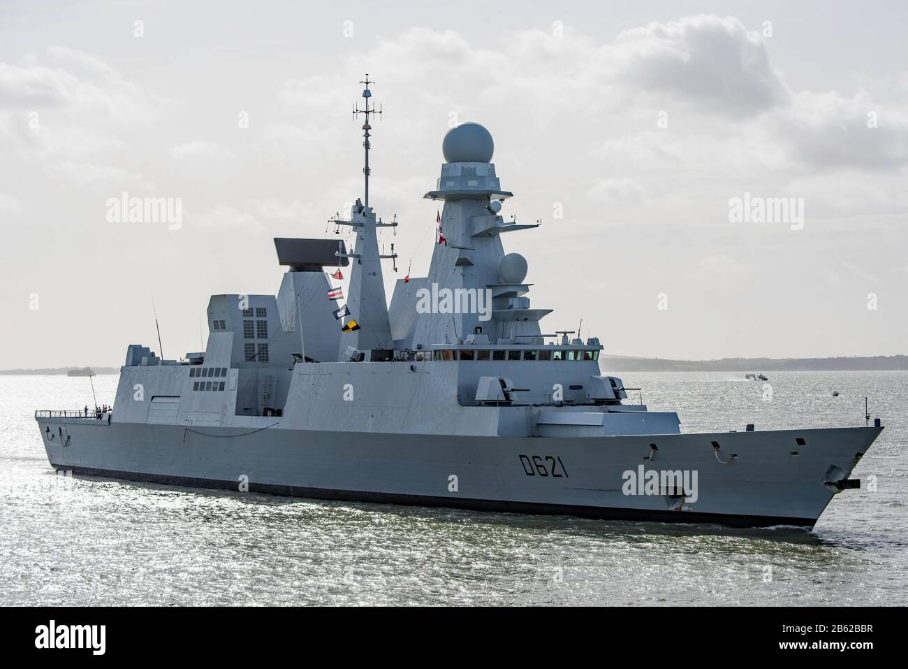 Das Kriegsschiff FS Chevalier Paul (D621) der Horizon-Klasse der französischen Marine (Marine Nationale) traf am 9. März 2020 in Portsmouth, Großbritannien ein. Stockfoto