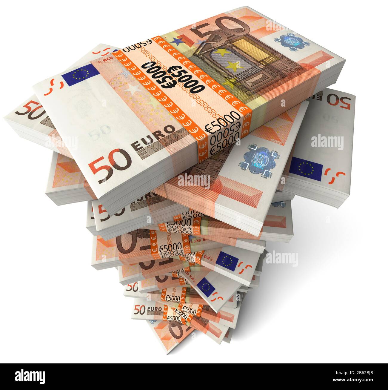 Euro-Banknoten Stapel Geld. Reichtum. Bargeld. 50-Euro-Banknoten, weißer Hintergrund. Hoher Aussichtspunkt. Schulden. Finanzen. Stockfoto