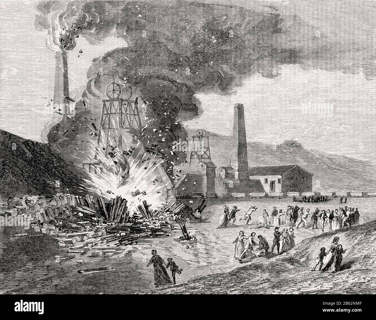 Die Explosion von Lundhill Colliery, einem Kohlebergbauunfall am 19. Februar 1857 in Wombwell, Yorkshire, Großbritannien Stockfoto