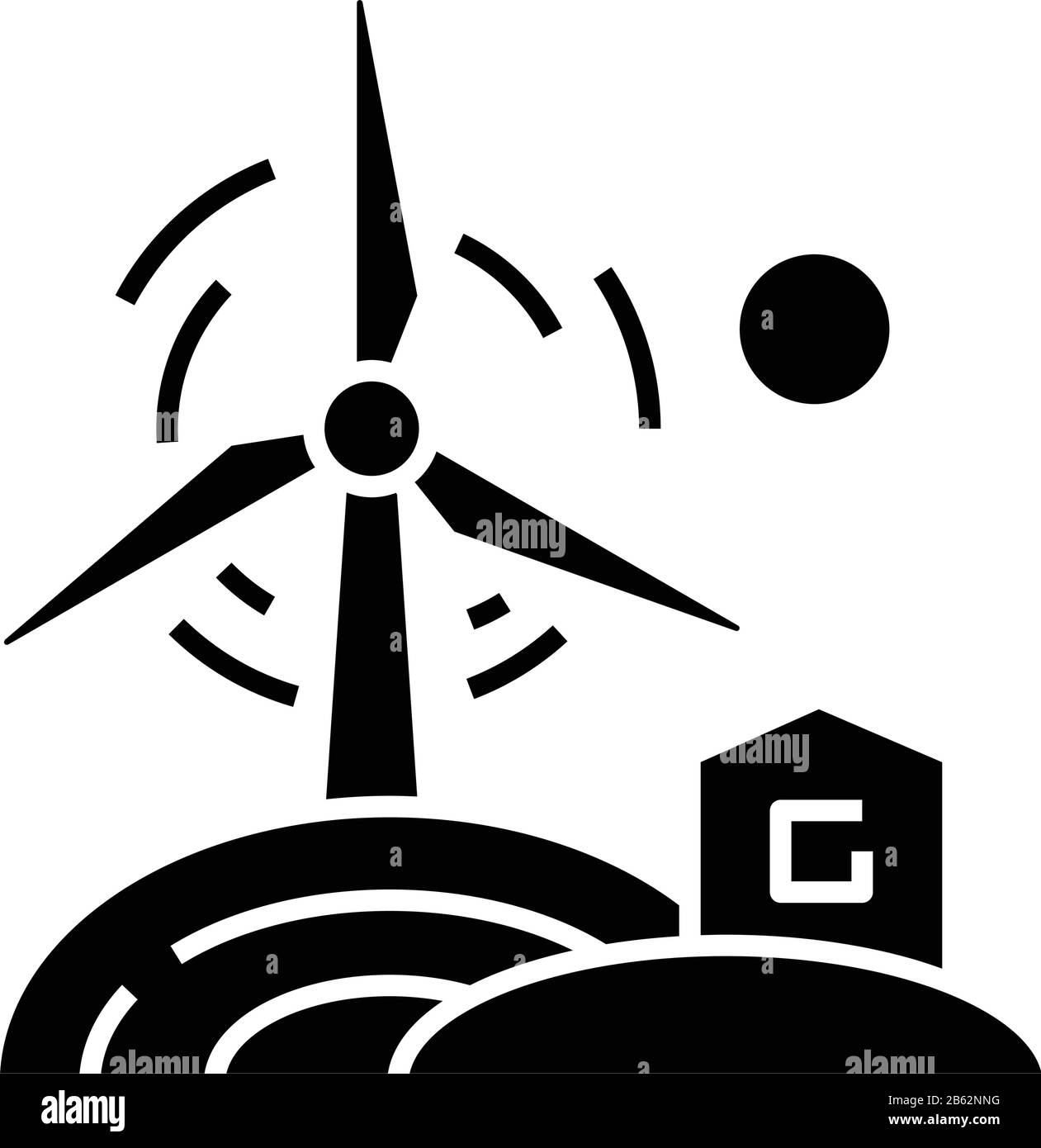 Symbol für Windenergie schwarz, Konzeptdarstellung, Symbol für Vektor-Ebene, Glyph-Zeichen. Stock Vektor