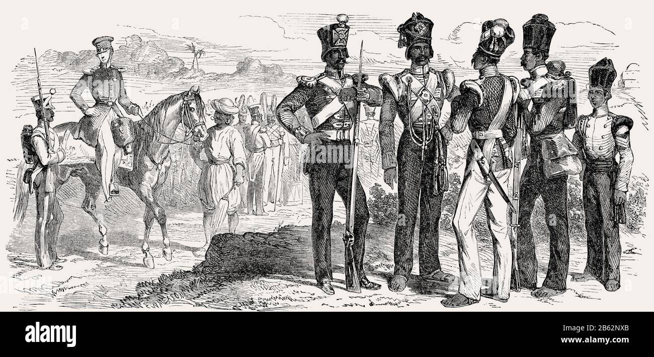 Militärische Typen der indischen Armee, 19. Jahrhundert Stockfoto