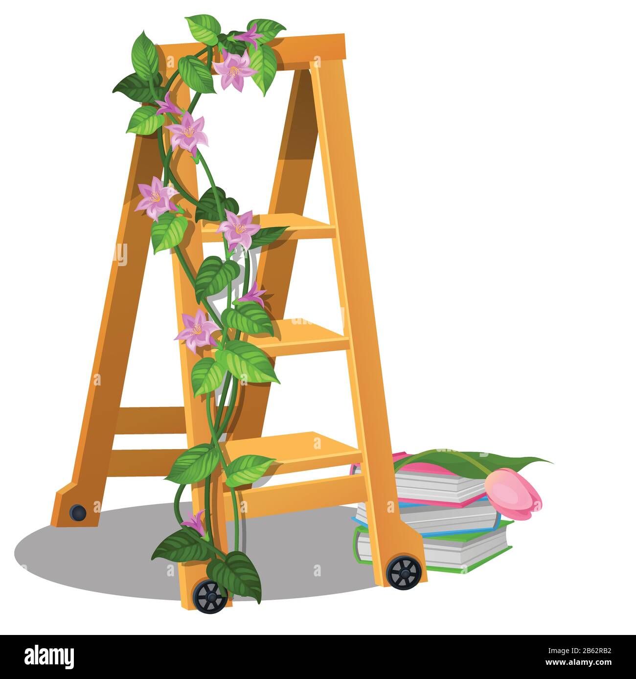 Die mobile Trittleiter aus Holz ist mit Kletterpflanzen mit Blumen und Büchern verziert, die auf weißem Grund isoliert sind. Designelement für den Innenraum. Vektor Stock Vektor