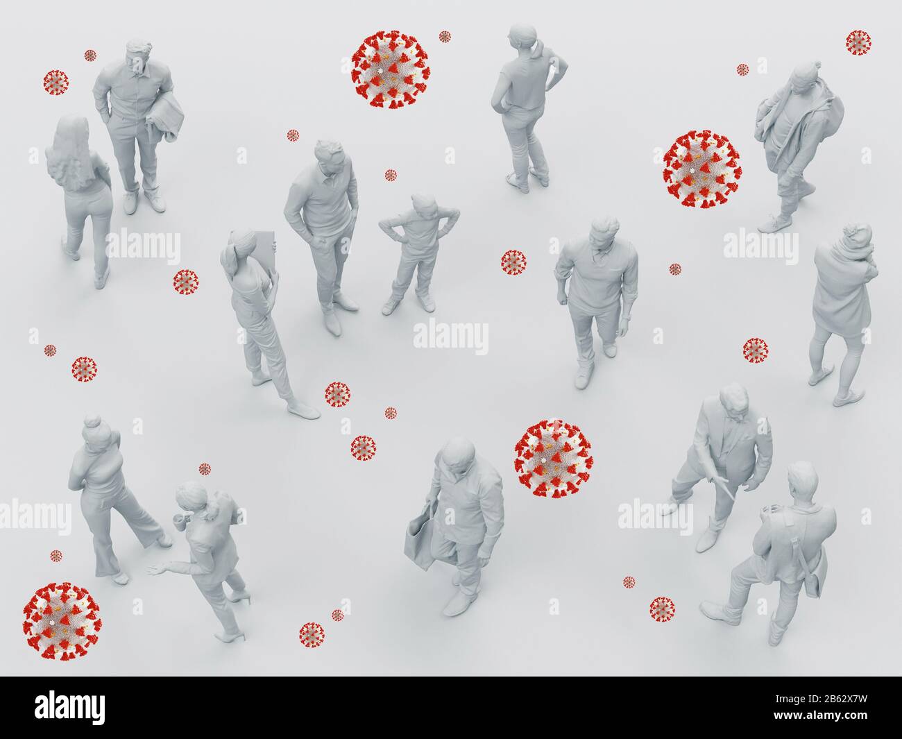 Blick von oben, Pandemiekonzept, Virusansteckung, individuelle Erkennung. 3D-Rendering Stockfoto Blick von oben, Pandemiekonzept, Virusansteckung, individuelle Erkennung. 3D-Rendering Stockfoto