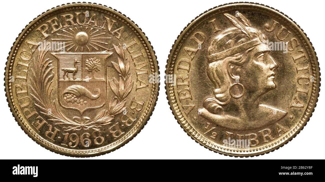 Peru Peruanische goldene Münze 1/2 halbe waage (Pfund) 1968, Handelsmünze, Schild mit Baum, Llama und Horn von reichlich von Spreizen flankiert, strahlende Sonne oben, er Stockfoto