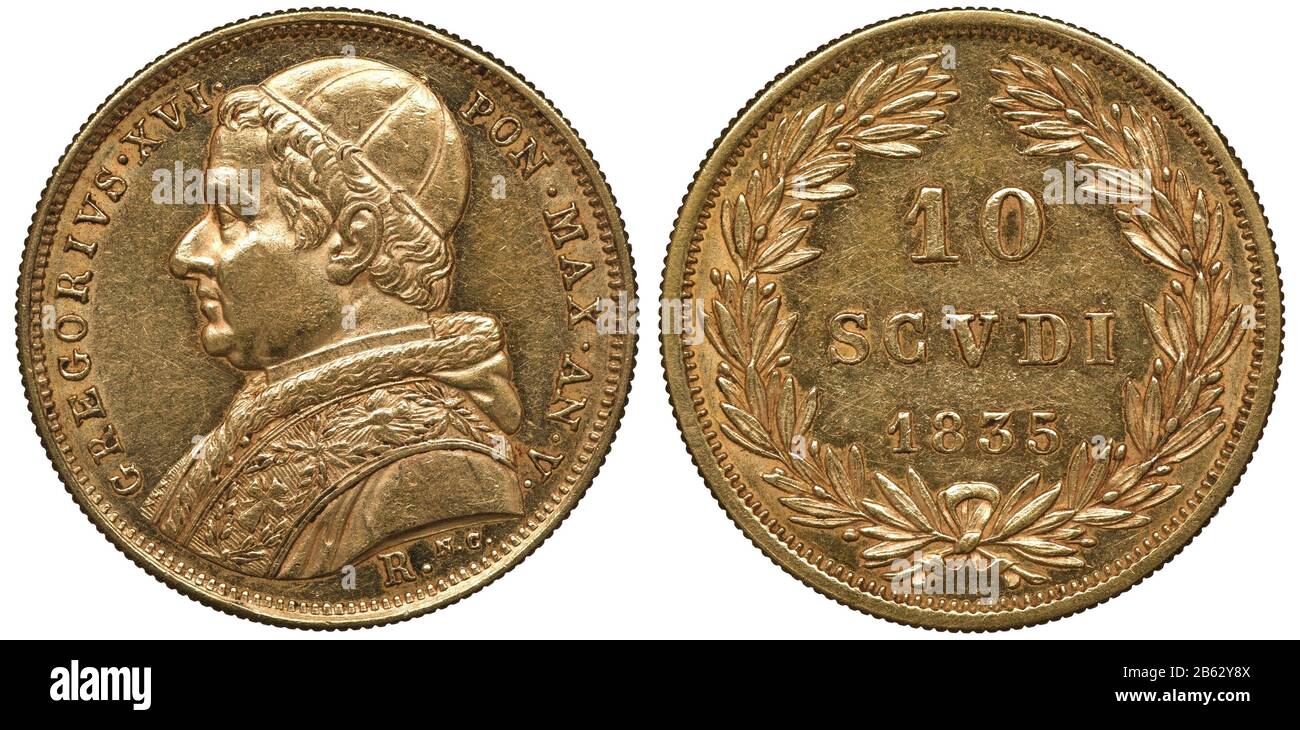 Vatikanstadt goldene Münze 10 zehn Scudi, die Büste von Papst Gregor XVI., die Bezeichnung und das Datum im Kranz, Stockfoto