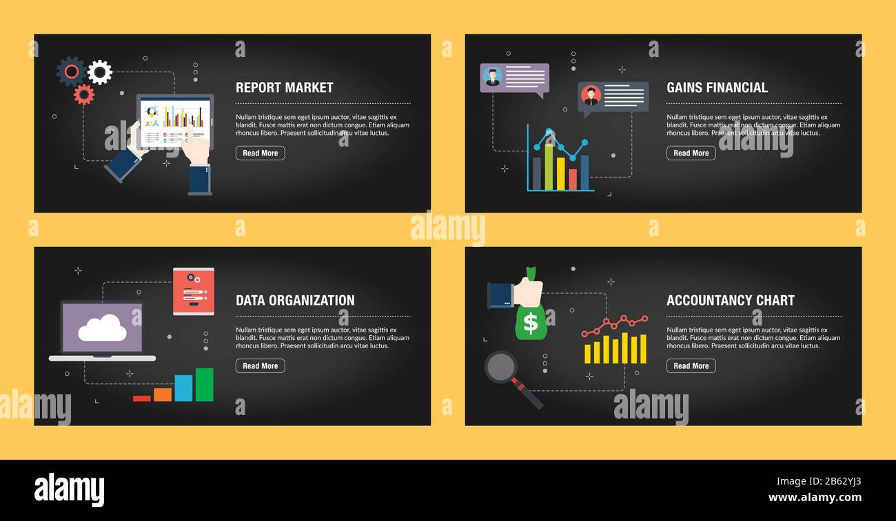 Satz von Internet-Banner-Designvorlagen für Websites, Internetmarketing und Unternehmen. Marktgewinne aus den Bereichen Finanzen, Datenorganisation und Buchhaltung melden Stock Vektor