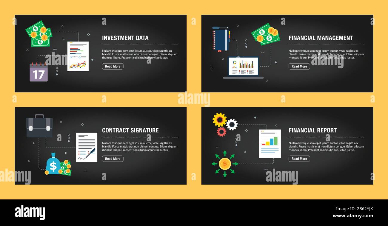 Satz von Internet-Banner-Designvorlagen für Websites, Internetmarketing und Unternehmen. Investitionsdaten, Finanzmanagement, Vertragsunterzeichnung, an Stock Vektor