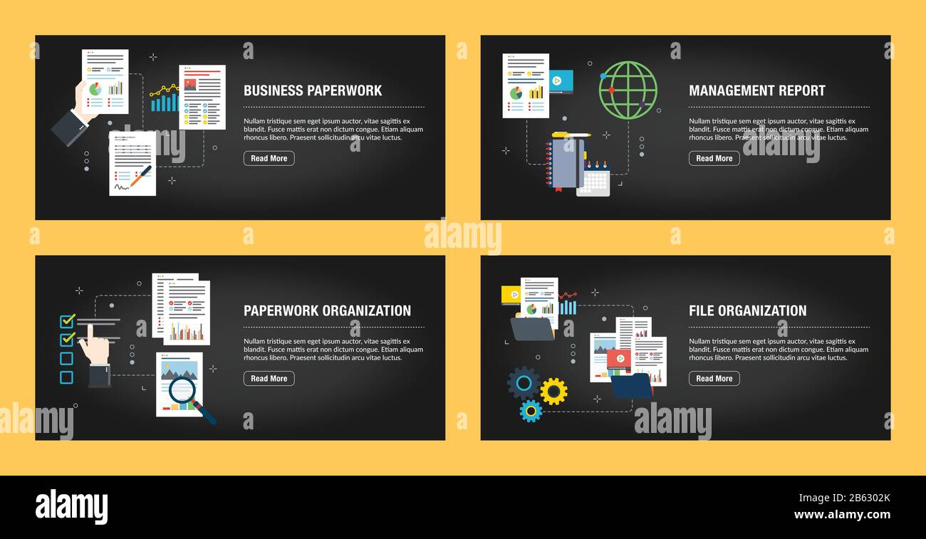 Satz von Internet-Banner-Designvorlagen für Websites, Internetmarketing und Unternehmen. Geschäftsunterlagen, Managementbericht, Papierkram Stock Vektor