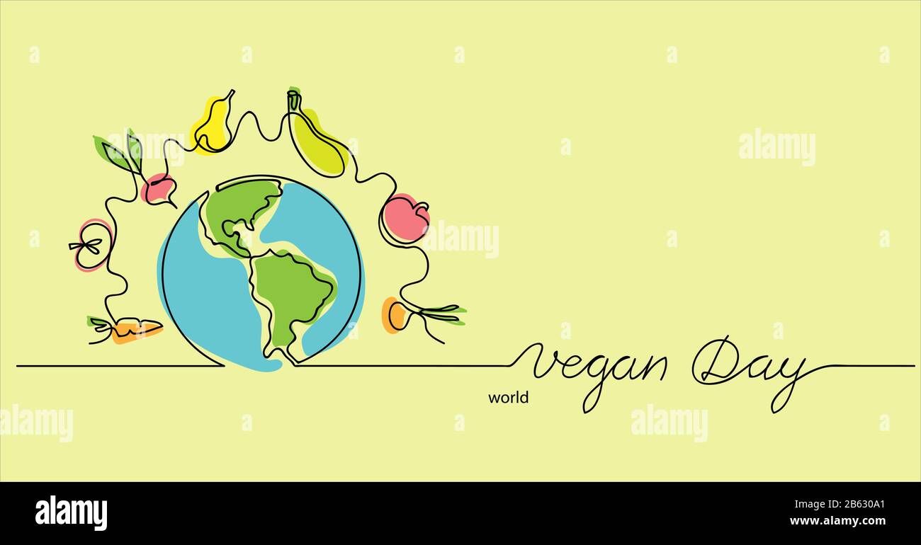 World vegan day hand drawn vector illustration. Vegetarian color background with planet, vegetables and fruits.One continuous line drawing. Vegan day Stockfoto