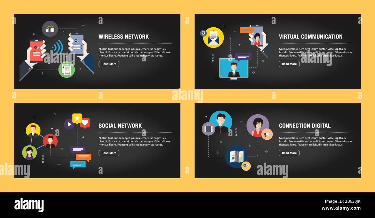 Satz von Internet-Banner-Designvorlagen für Websites, Internetmarketing und Unternehmen. Drahtloses Netzwerk, virtuelle Kommunikation, soziales Netzwerk, conn Stock Vektor