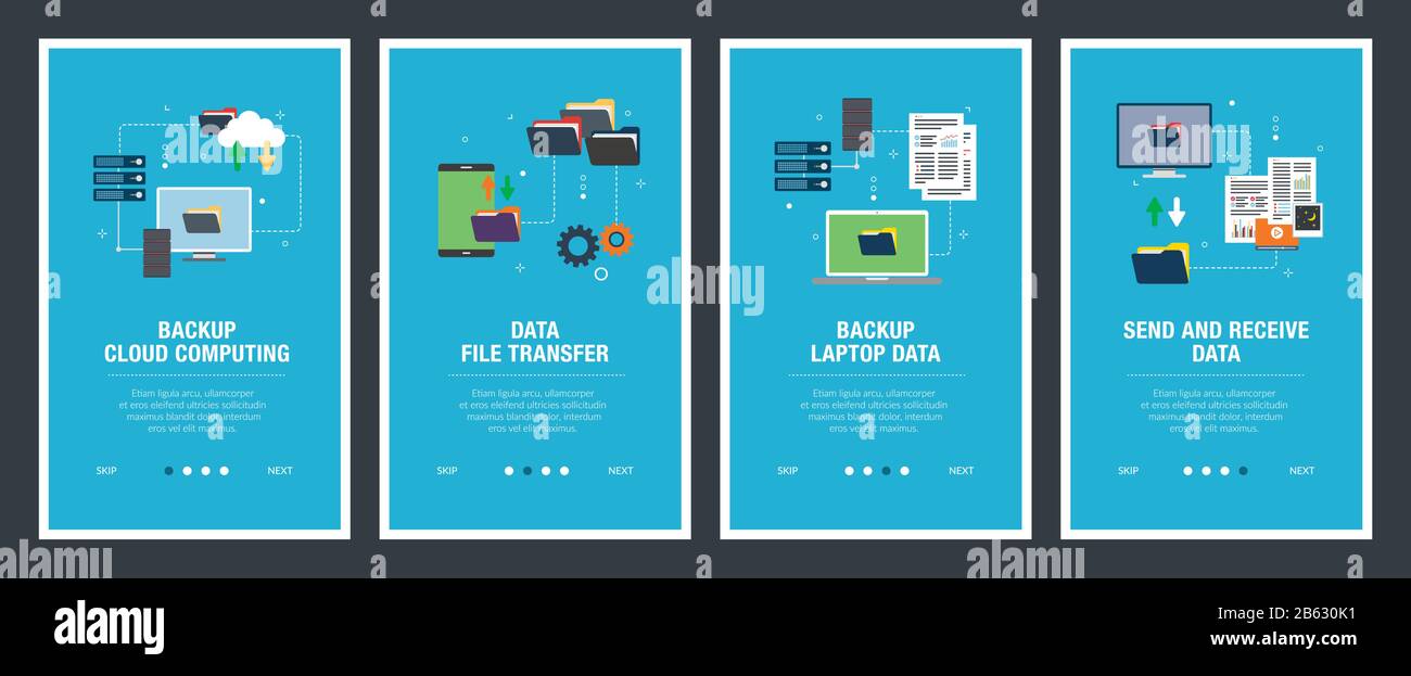 Vektor einrichten der vertikalen Web Banner mit Cloud Computing backup, backup Laptop Daten, Daten senden und empfangen. Vektor banner Vorlage für Website und mobil Stock Vektor