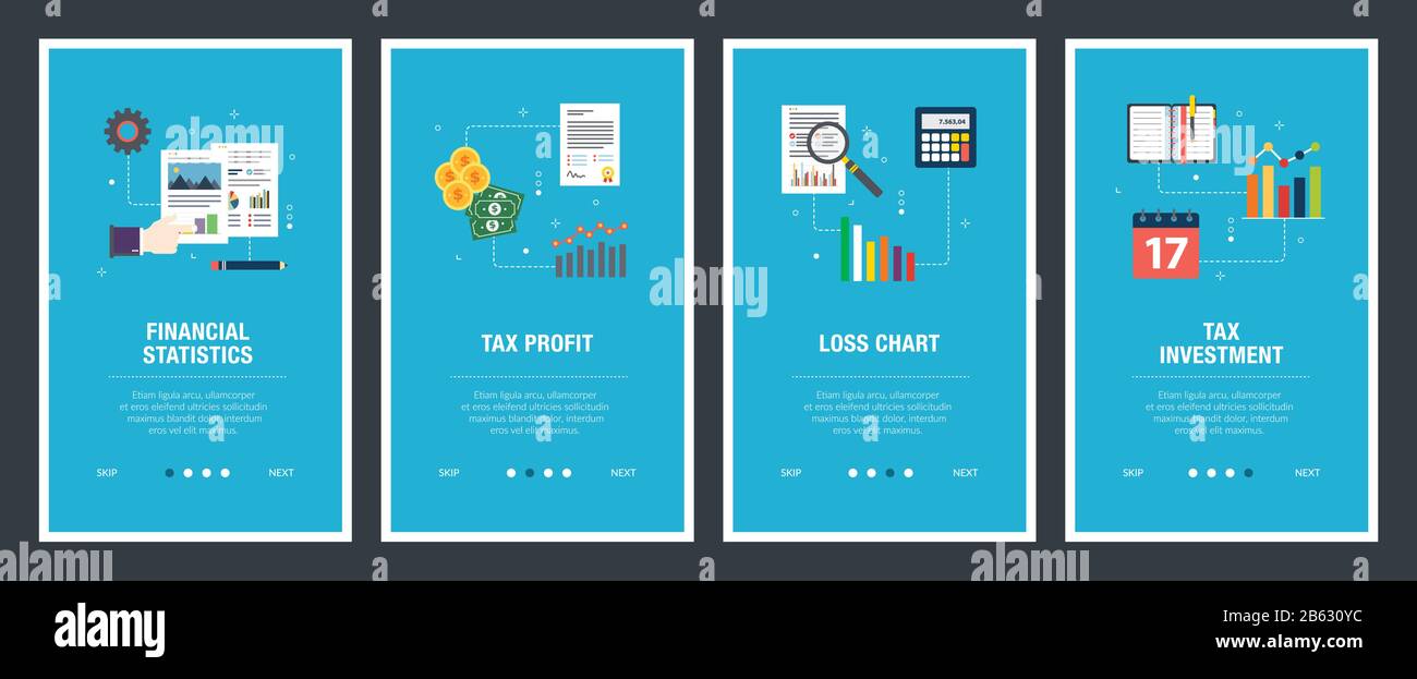 Vektor einrichten der vertikalen Web Banner mit Finanzstatistik, Steuern, Verlust und Steuern. Vektor banner Vorlage für Website und Mobile Stock Vektor