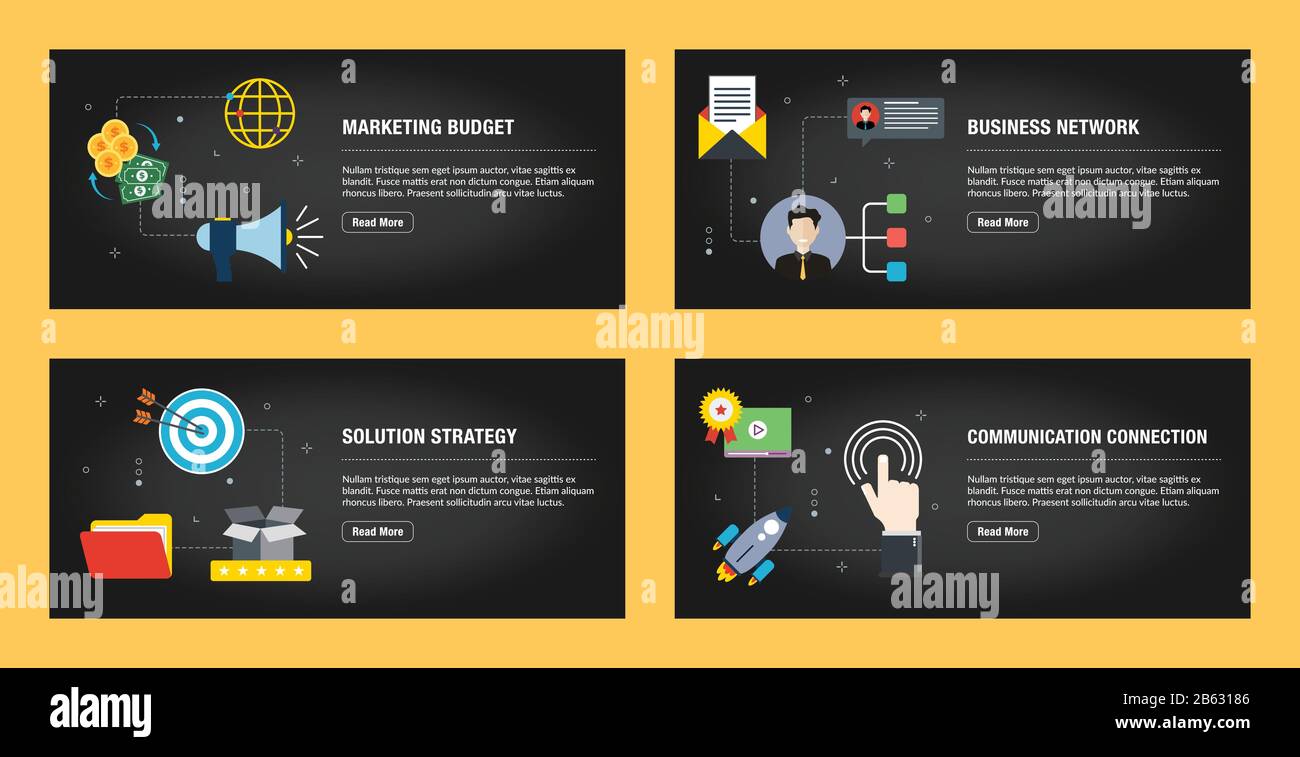 Satz von Internet-Banner-Designvorlagen für Websites, Internetmarketing und Business.Marketing-Budget, Unternehmensnetzwerk, Lösungsstrategie, Communi Stock Vektor