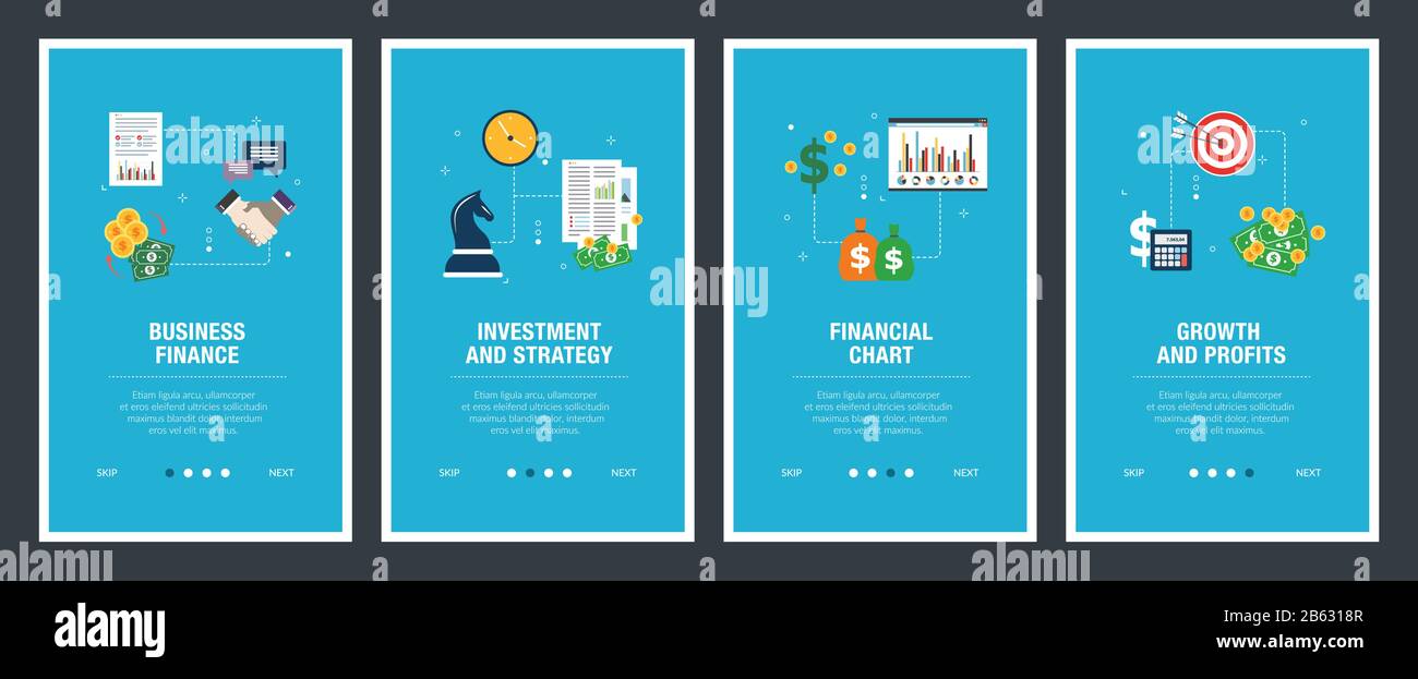 Wirtschaft Finanzen, Investitionen und Strategy, Financial chart, Wachstum und Gewinn. Internet Website Banner Konzept mit Icon Set. Flache design vector Illu Stock Vektor