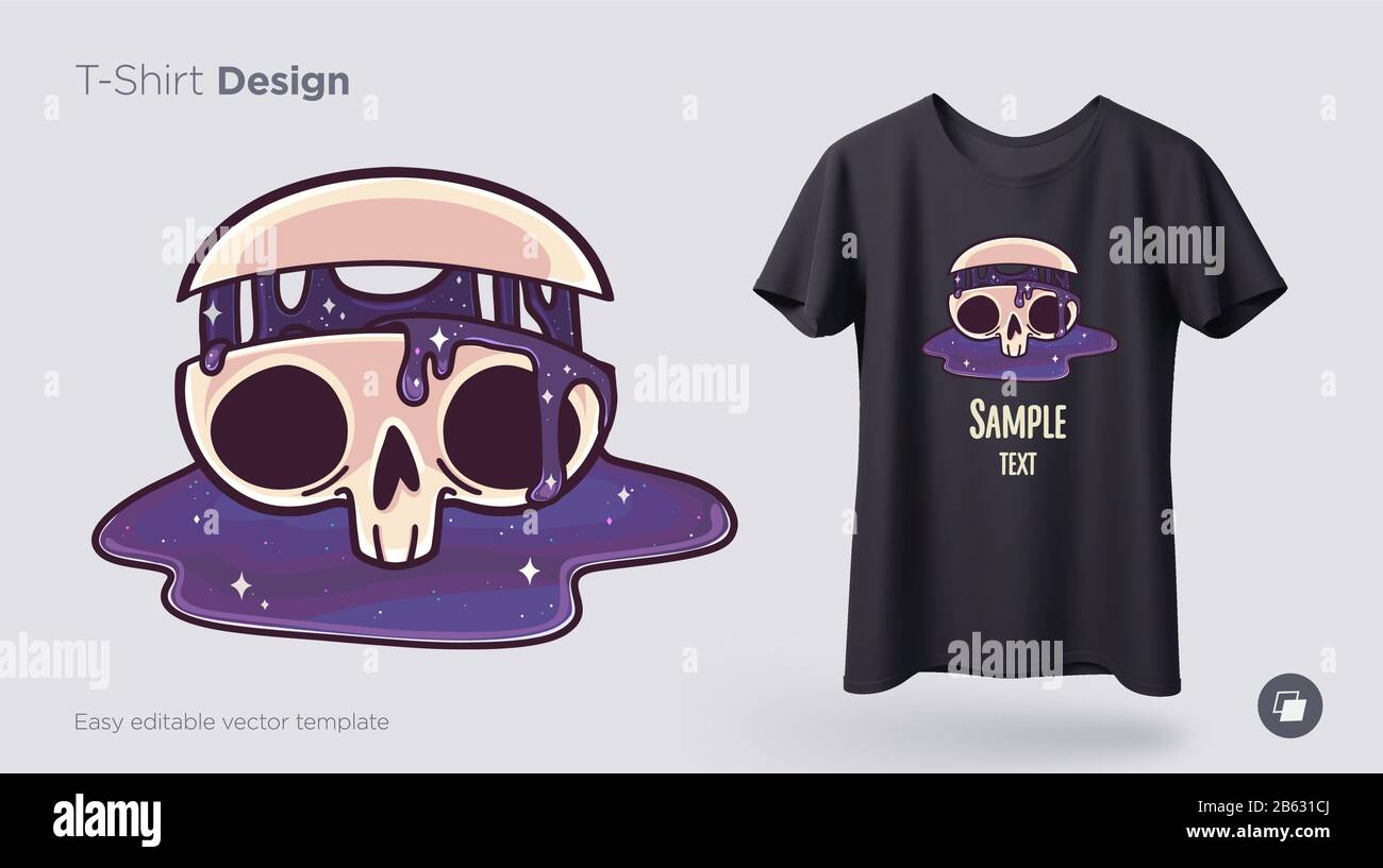 Schädel mit fließendem Kosmos-T-Shirt-Design. Druck für Kleidung, Poster oder Souvenirs. Vektor Stock Vektor