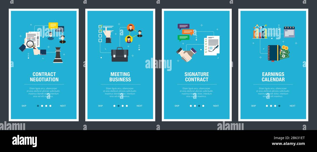 Der Vektor der vertikalen Web Banner mit Vertrag negotitation, Konferenz business, Unterschrift Vertrag festgelegt, Ergebnis Kalender. Vektor banner Vorlage für Wir Stock Vektor