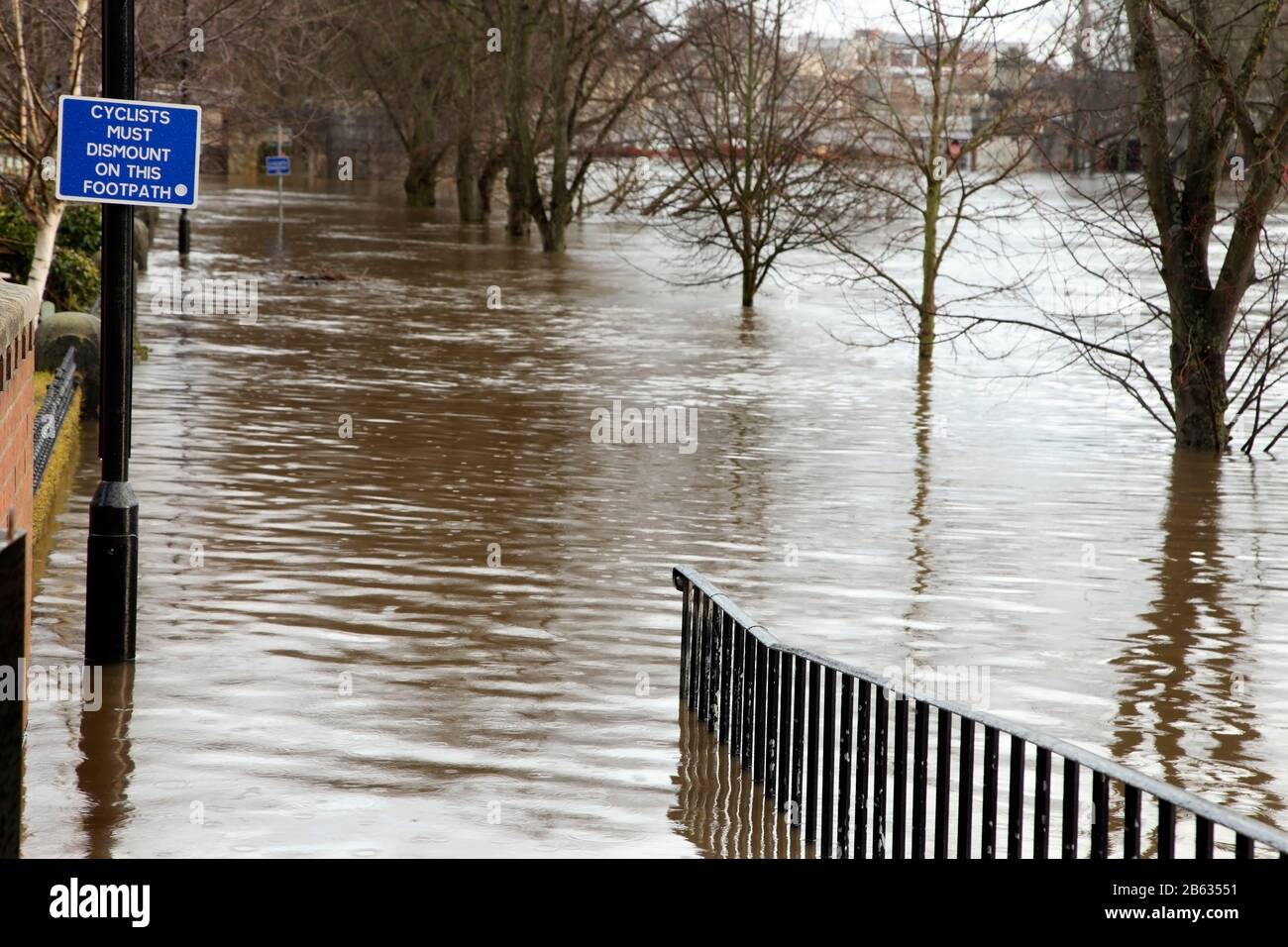 Überschwemmung im März 2020 vom Fluss Ouse am Dame Judi Dench Walk, York, Großbritannien. Stockfoto