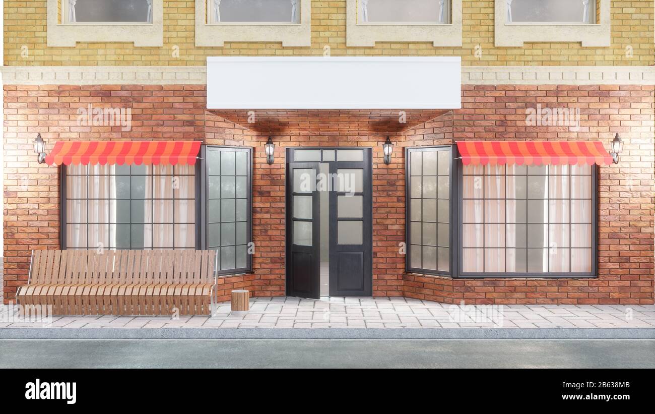 Außenansicht eines Gebäudes mit zwei Mockups oder Bannern für Ihren Text. Der Blick von der Straße ist eine Bank mit Mülltonne, Straßenbeleuchtung, 3d Stockfoto