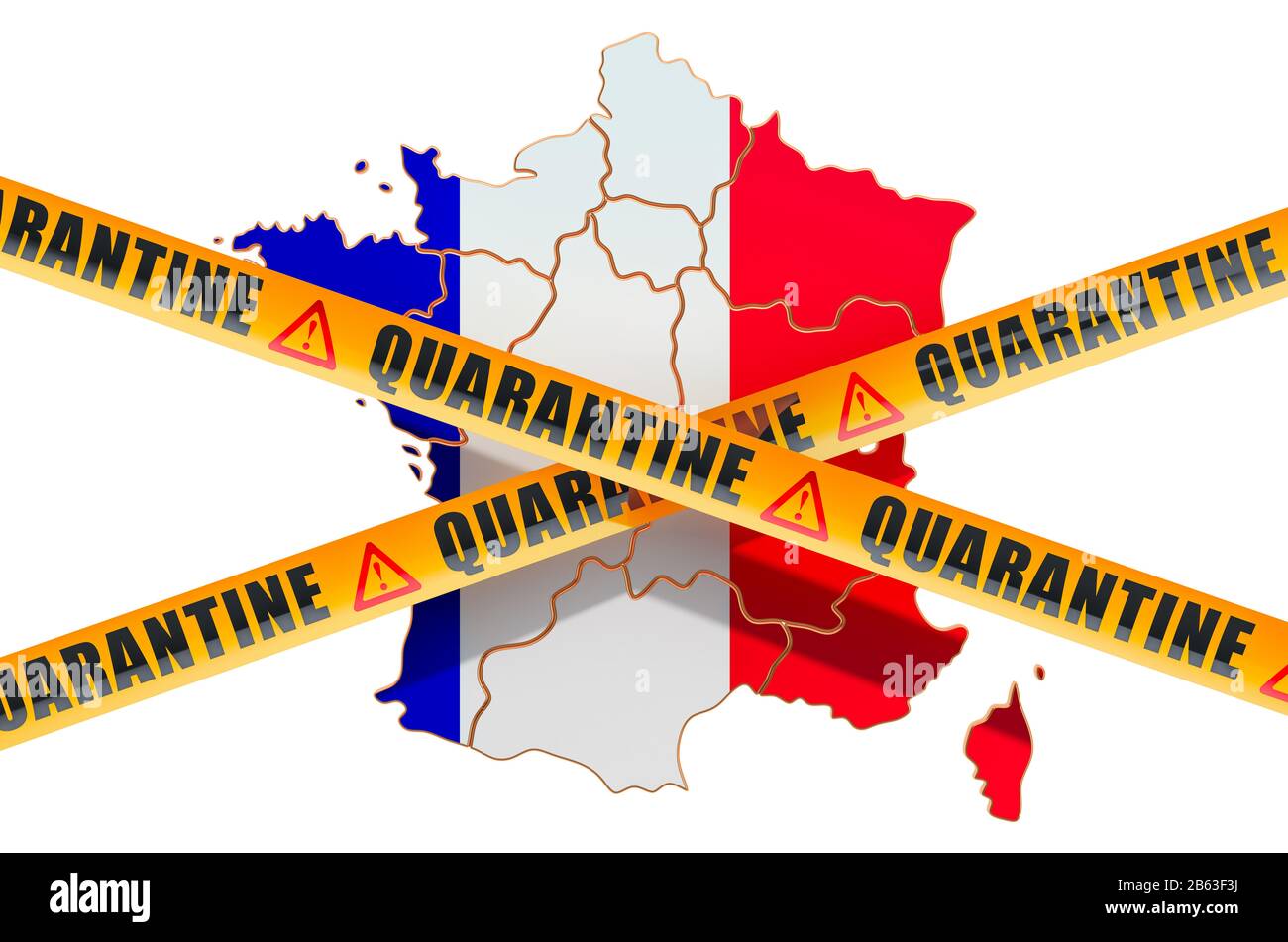 Quarantäne in Frankreich Konzept. Französische Karte mit Warnbändern, 3D-Rendering isoliert auf weißem Hintergrund Stockfoto