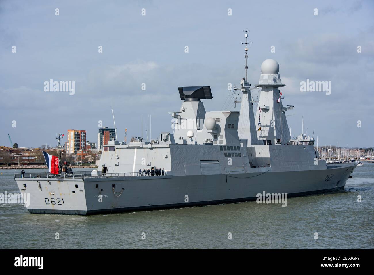Das Kriegsschiff FS Chevalier Paul (D621) der Horizon-Klasse der französischen Marine (Marine Nationale) traf am 9. März 2020 in Portsmouth, Großbritannien ein. Stockfoto