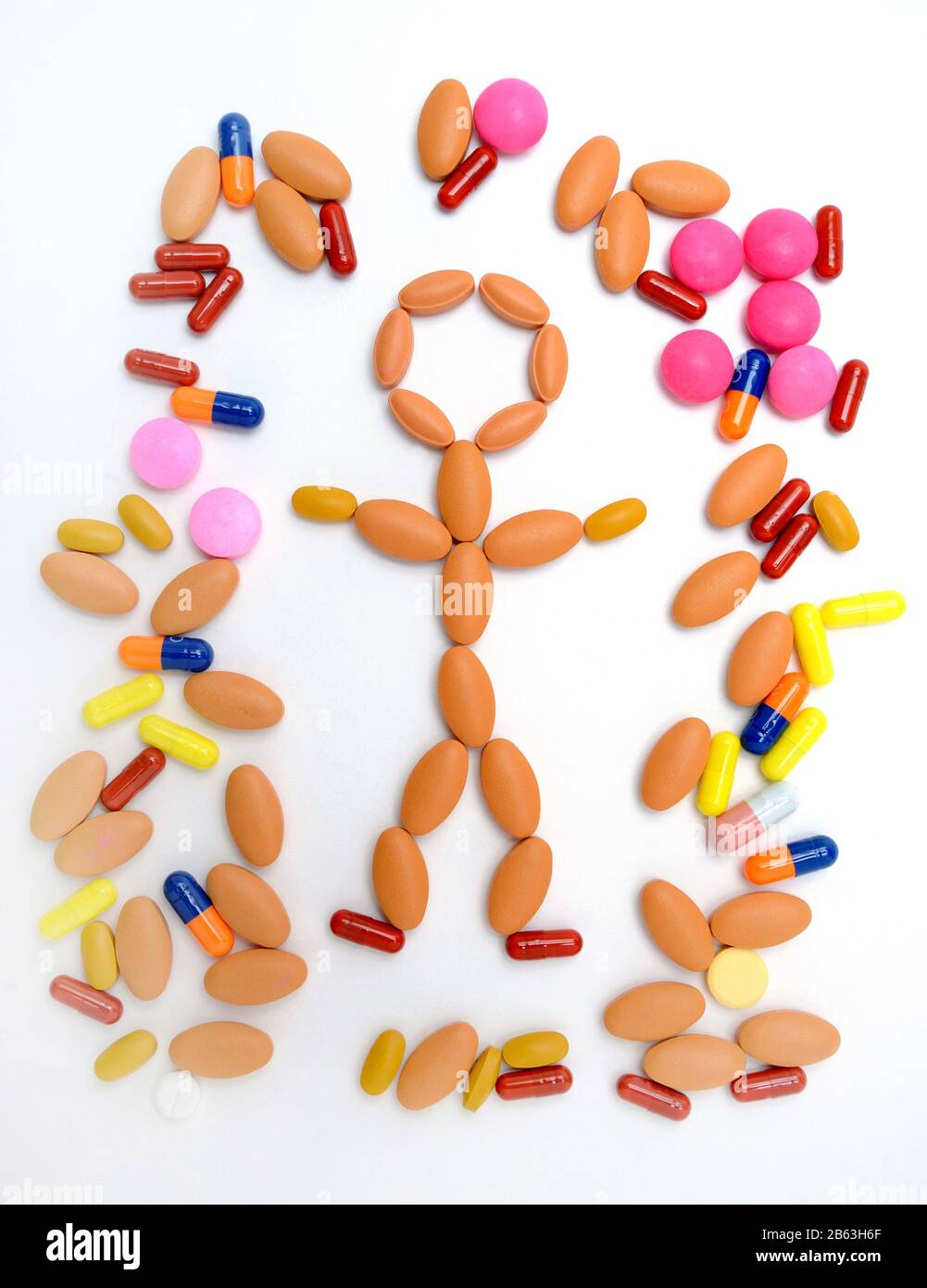 MEDIZINISCHE TABLETTEN MIT STICK MAN FIGUR RE MEDIKAMENTE GESUNDHEIT PHARMAZEUTISCHE KRANKHEIT ETC. UK Stockfoto