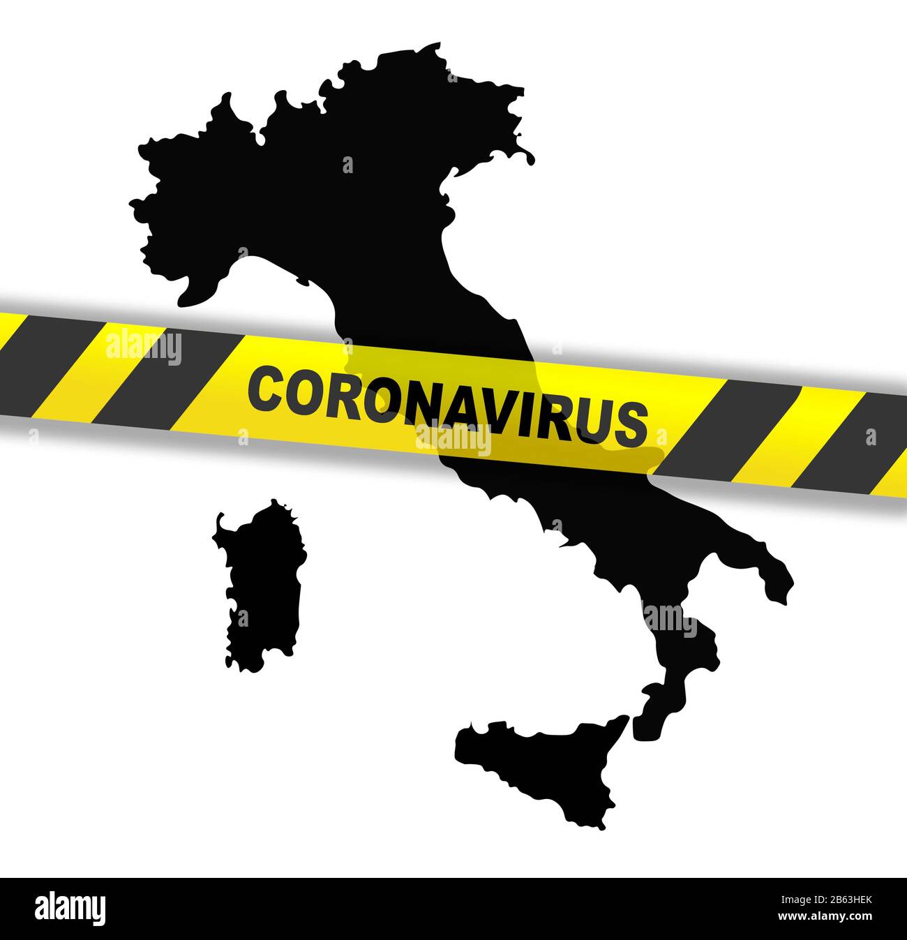 Italien Karte mit gelbem Sperrstreifen wegen Coronavirus Quarantäne. Schwarze Silhouette der italienischen Karte. Rasterdarstellung. Stockfoto
