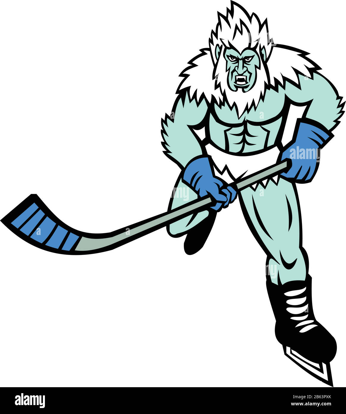 Maskottchen-Ikone Illustration eines wütenden Yeti oder Abscheulichen Snowman, einer folklorischen Affe-ähnlichen Kreatur, mit Hockeyschlägern, die von vorne Eishockey spielen Stock Vektor