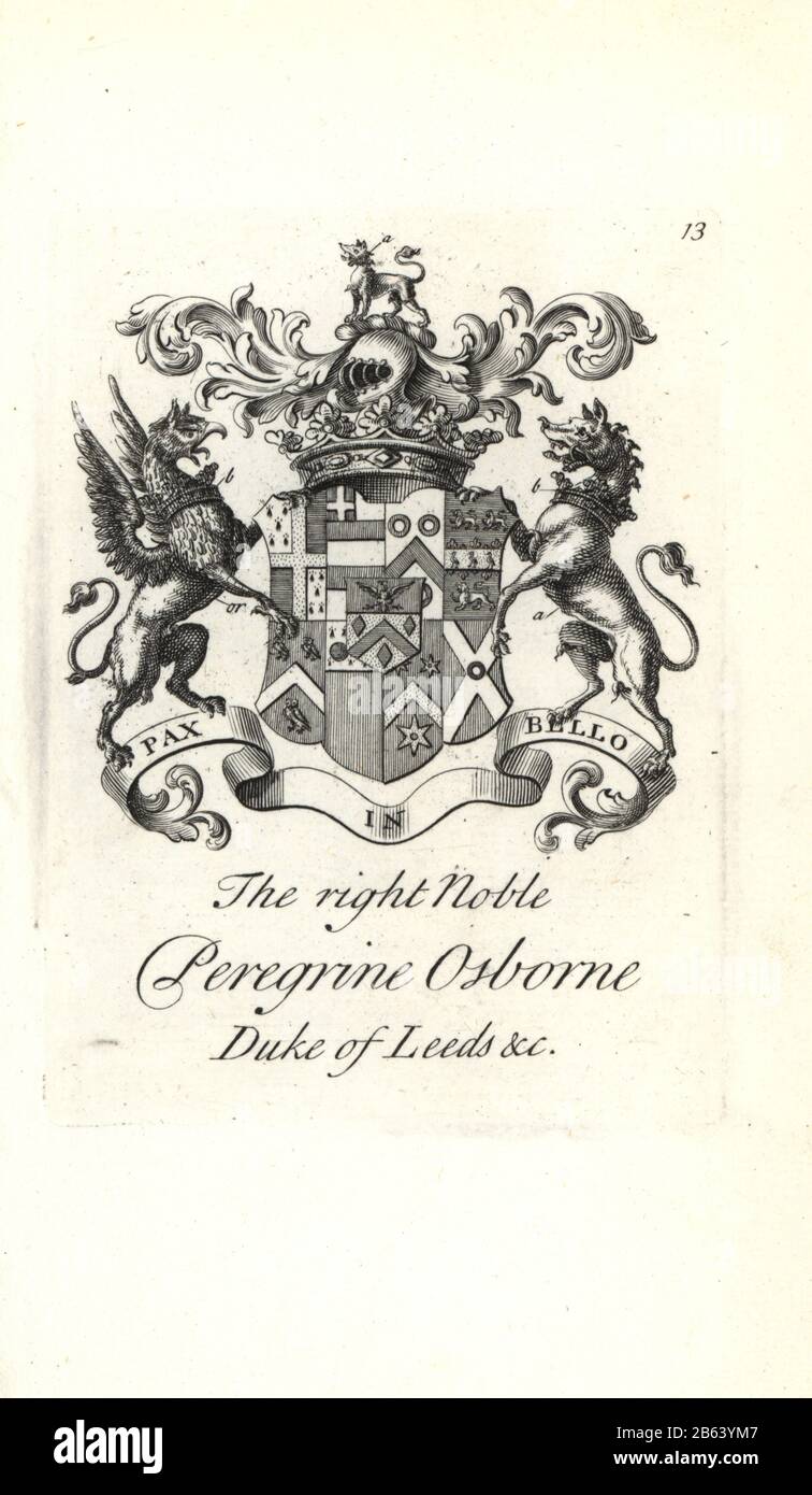 Wappen und Wappen der rechten edlen Peregrine Osborne, 2nd Duke of Leeds, 1659-1729. Kupferstich von Andrew Johnston nach C. Gardiner aus der Notitia Anglicana, Die Die Errungenschaften des gesamten englischen Adels Andrew Johnson, The Strand, London, 1724 Ausmachte. Stockfoto