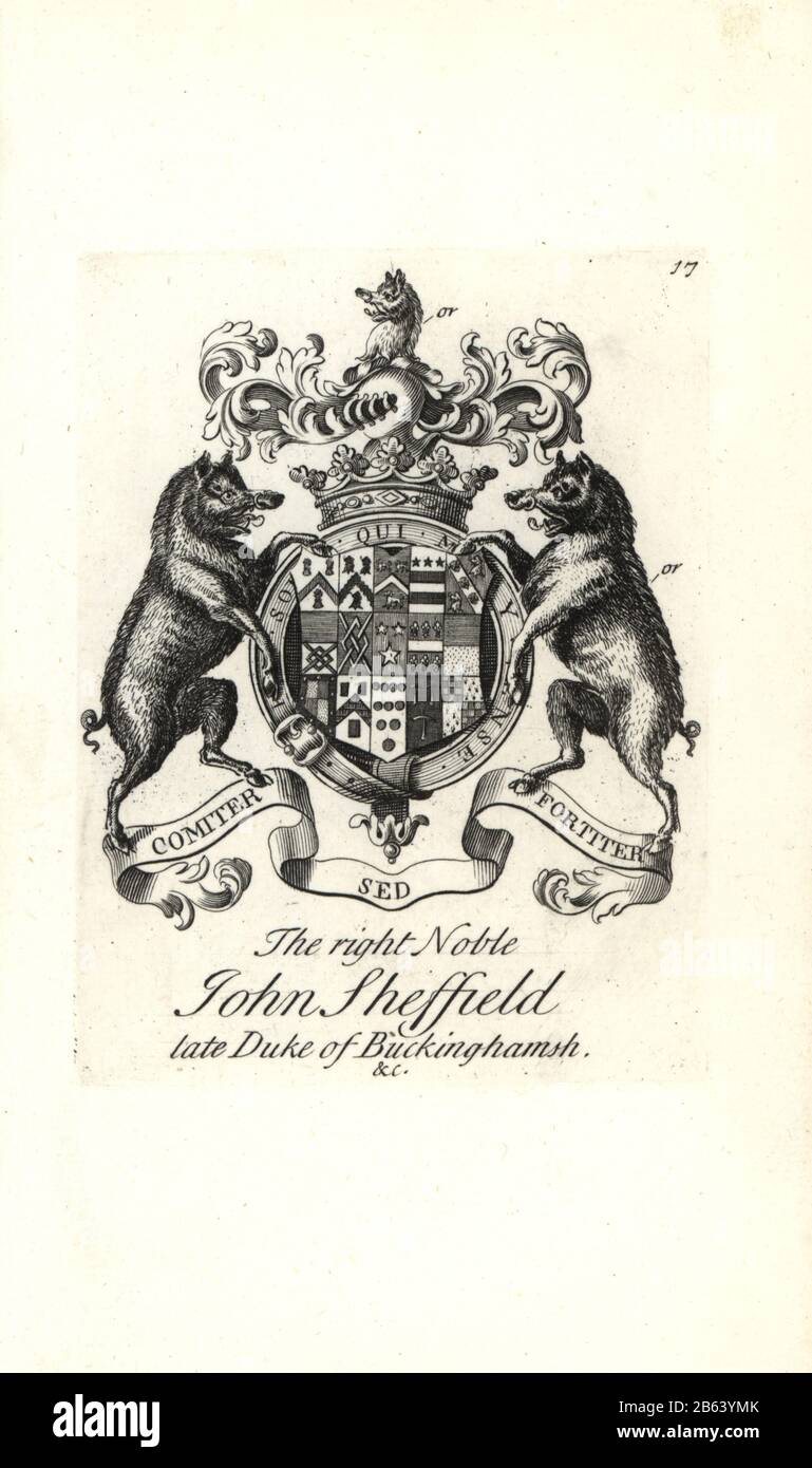 Wappen und Wappen des rechten Adligen John Sheffield, 1st Duke of Buckhimhamshire, 1648-1721. Kupferstich von Andrew Johnston nach C. Gardiner aus der Notitia Anglicana, Die Die Errungenschaften des gesamten englischen Adels Andrew Johnson, The Strand, London, 1724 Ausmachte. Stockfoto