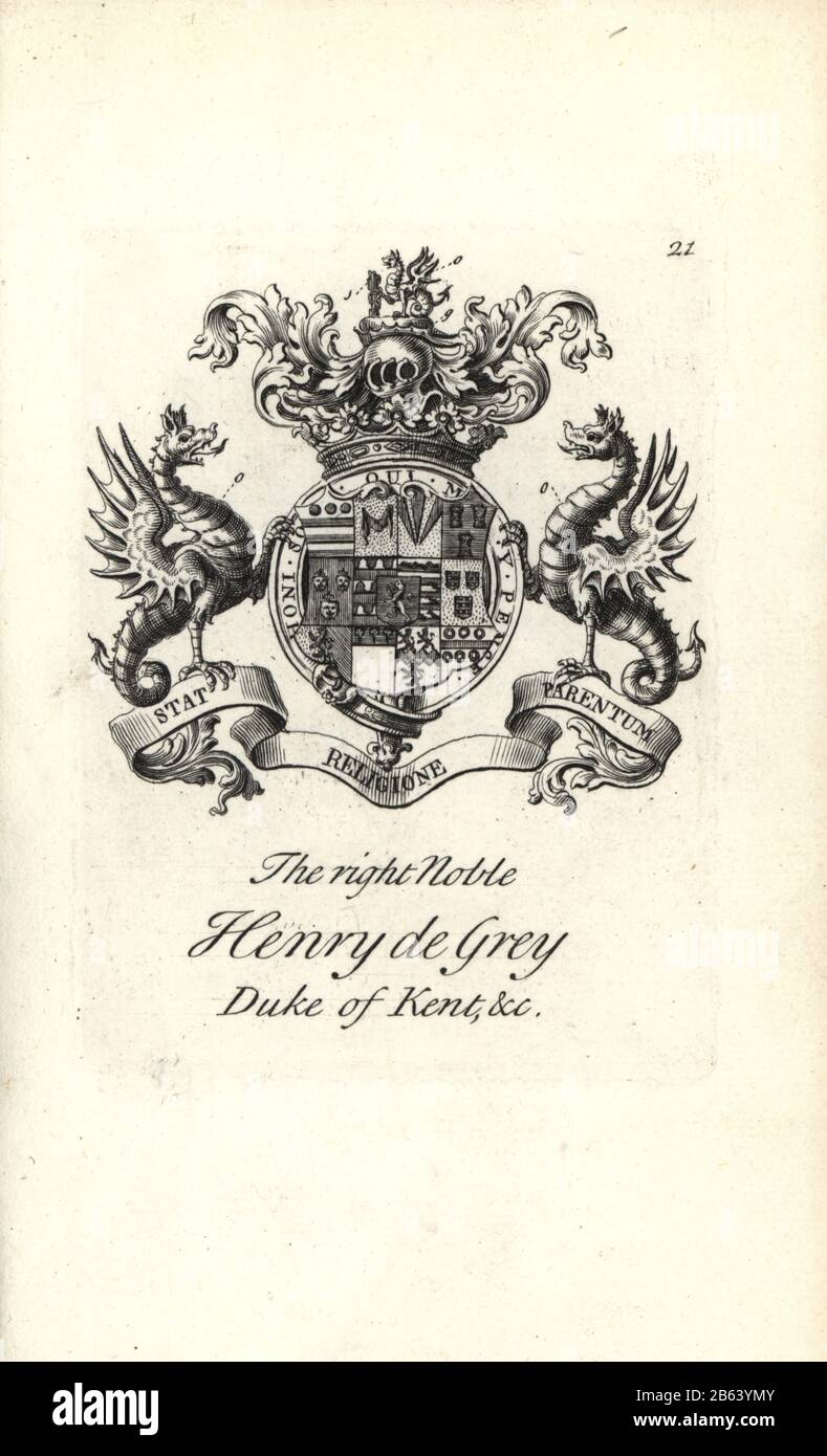 Wappen und Wappen des rechten Adligen Henry de Grey, 1st Duke of Kent, 1671-1740-1. Kupferstich von Andrew Johnston nach C. Gardiner aus der Notitia Anglicana, Die Die Errungenschaften des gesamten englischen Adels Andrew Johnson, The Strand, London, 1724 Ausmachte. Stockfoto