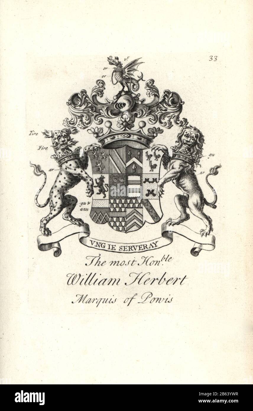 Wappen und Wappen des rechten ehrenwerten William Herbert, 2. Marquess of Powis, 1660-1745. Kupferstich von Andrew Johnston nach C. Gardiner aus der Notitia Anglicana, Die Die Errungenschaften des gesamten englischen Adels Andrew Johnson, The Strand, London, 1724 Ausmachte. Stockfoto