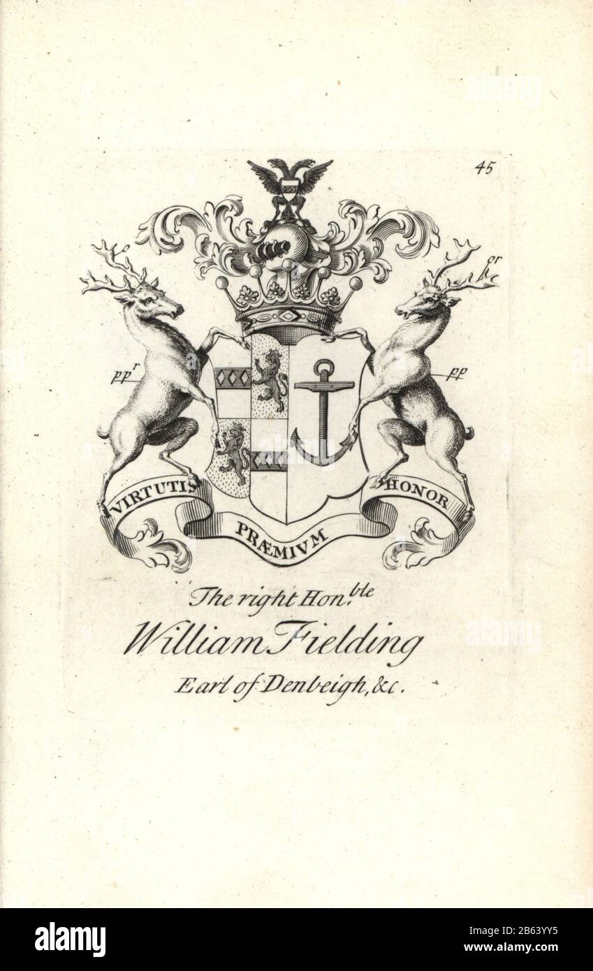 Wappen und Wappen des rechten ehrenwerten William Fielding, 5th Earl of Denbeigh, 1697-1755. Kupferstich von Andrew Johnston nach C. Gardiner aus der Notitia Anglicana, Die Ihre Leistungen des gesamten englischen Adels Andrew Johnson, The Strand, London, 1724 Ablegte. Stockfoto