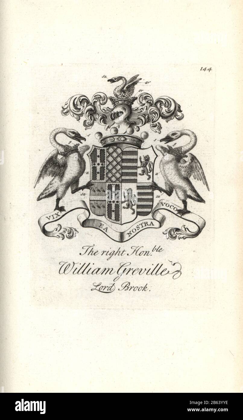 Wappen und Wappen des rechten ehrenwerten William Greville, 7th Baron Brooke, 1695-1727. Kupferstich von Andrew Johnston nach C. Gardiner aus der Notitia Anglicana, Die Ihre Leistungen des gesamten englischen Adels Andrew Johnson, The Strand, London, 1724 Ablegte. Stockfoto