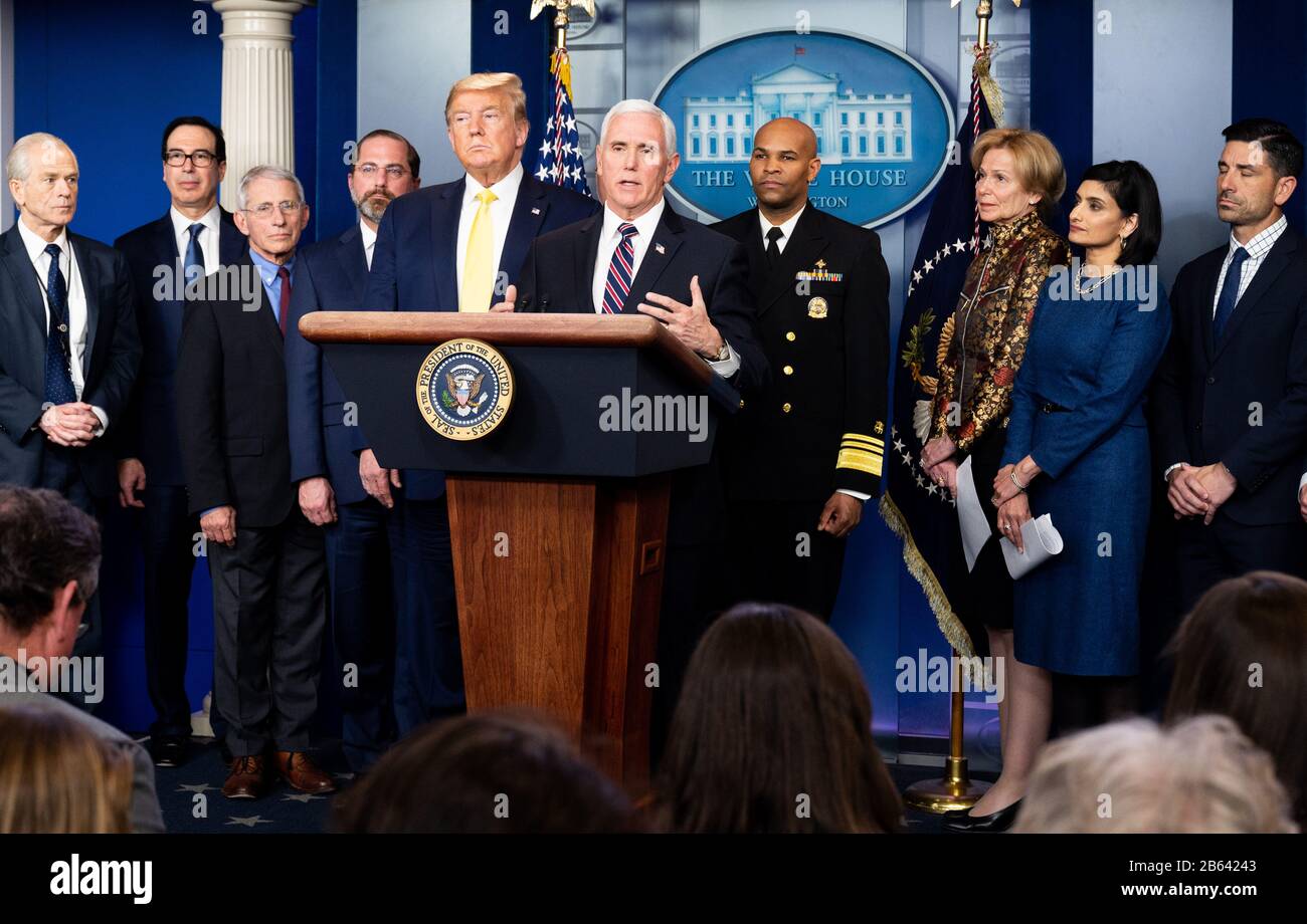 Washington, Vereinigte Staaten. März 2020. 9. März 2020 - Washington, DC, Vereinigte Staaten: Vizepräsident Mike Pence auf der Pressekonferenz der Coronavirus Task Force. (Foto von Michael Brochstein/Sipa USA) Credit: SIPA USA/Alamy Live News Stockfoto