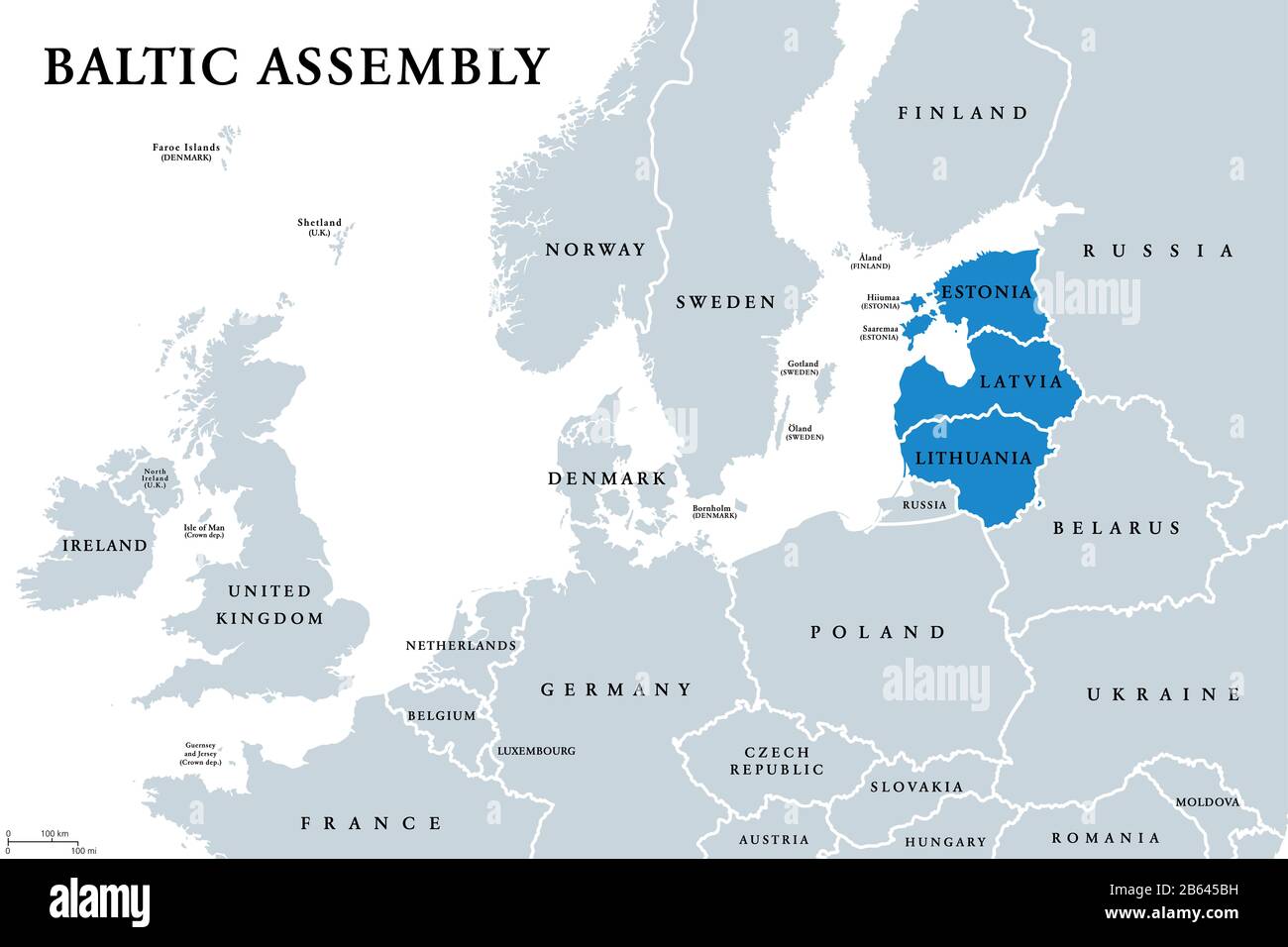 Baltic Assembly (BA) Mitgliedsstaaten politische Karte. Regionale Organisation in Europa zur Förderung der Zusammenarbeit zwischen Estland, Lettland und Litauen. Stockfoto