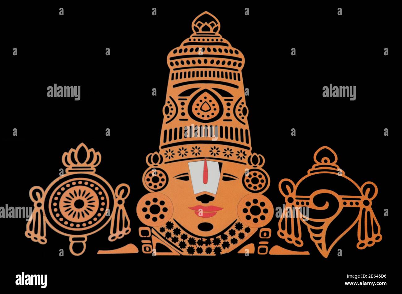 Symbole von Lord Balaji, auf einem LKW-Glas, in der Nähe von Somanathapura, Karnataka, Indien Stockfoto