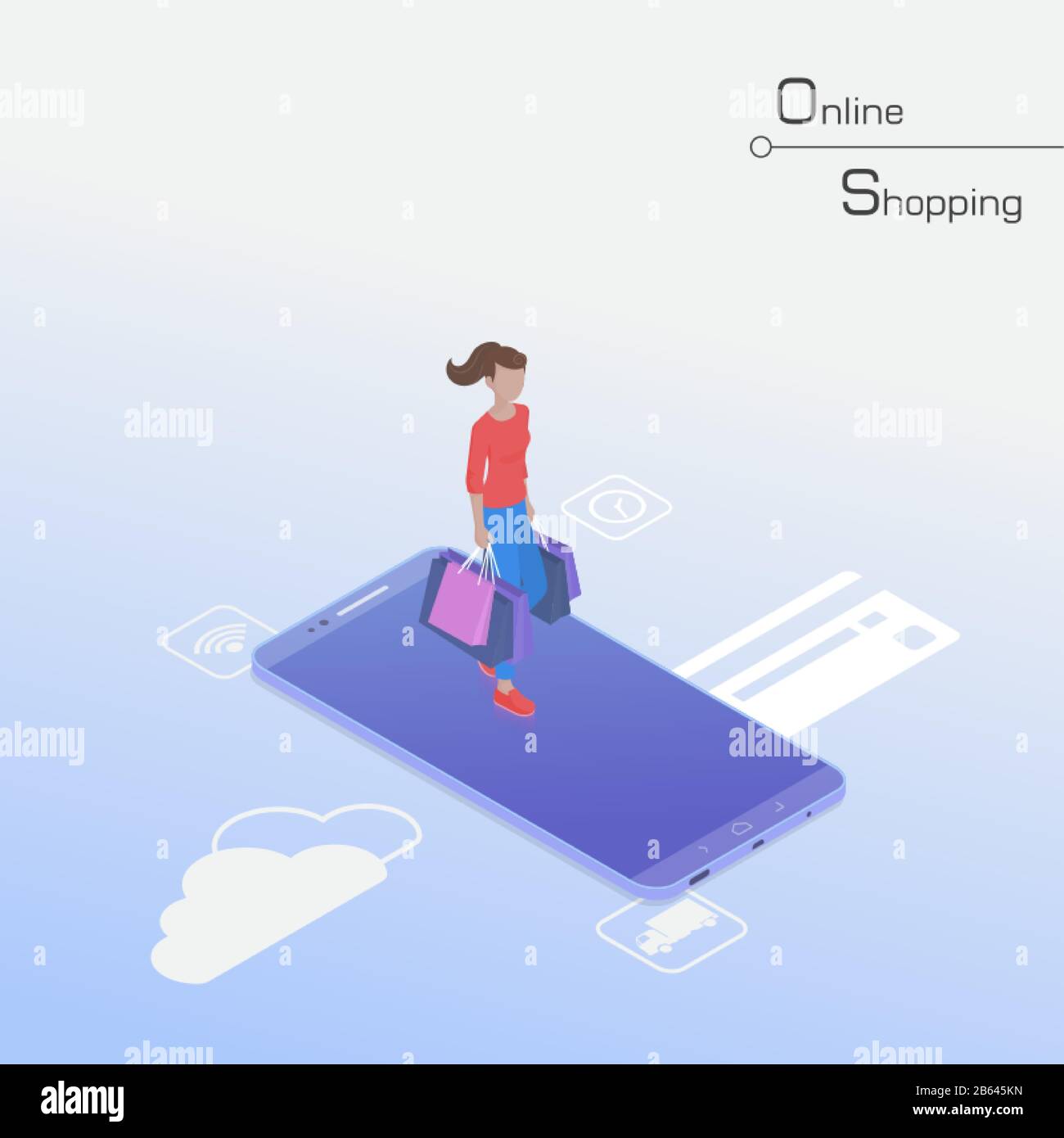 Frau, die mit Einkaufstaschen auf dem Smartphone spazieren geht und online Sachen kauft. Flaches isometrisches Vektorbild E-Commerce-Konzept. Stock Vektor
