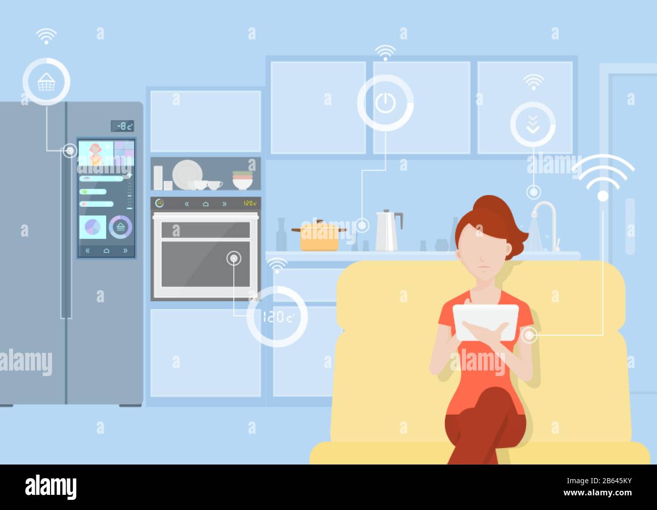 Intelligente Hausküche, Internet der Dinge, junge Frau steuert modernes Gerät mit Tablet. Vektor-Illustration - flacher Stil. Stock Vektor