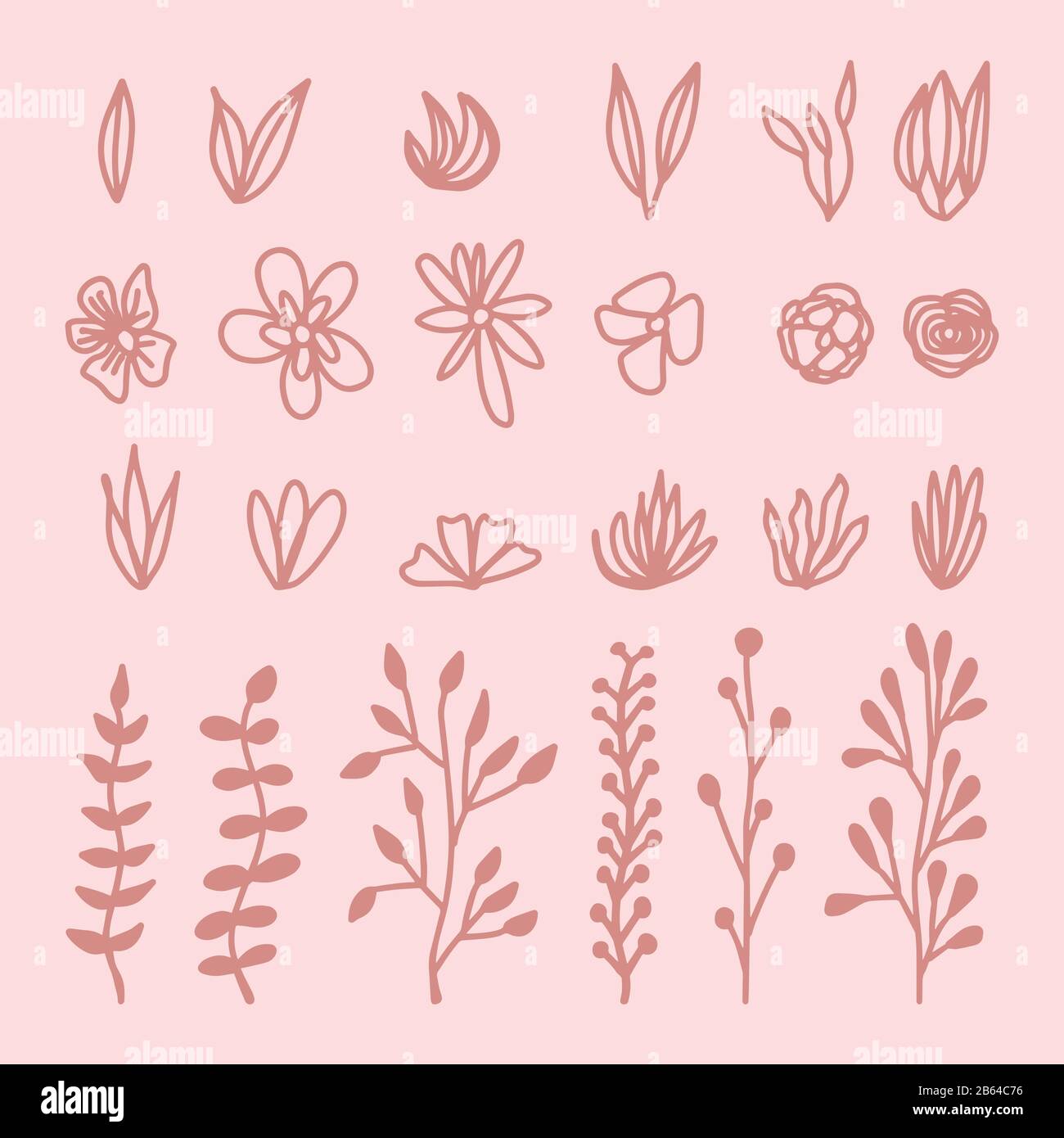 Setzen Sie handgezeichnete Kräuterzweigen. Blumenspitze. Federblätter, Blumen, Knöpfe, Klinge, Busch isoliert auf weißem Grund. Doodle Outline Vektor illustrati Stock Vektor
