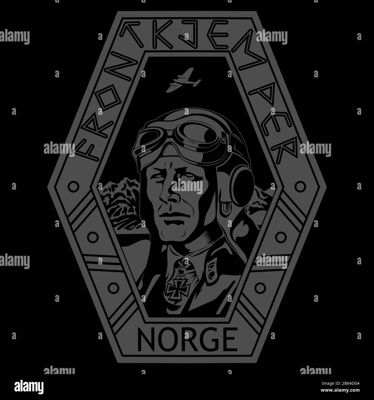 Jahrgangsbild eines Weltkriege-II-Piloten. Pilot der norwegischen Streitkräfte. Norwegische Aufschriften Frontkjemper-Frontline-Kämpfer und Norge-Norwegen Stock Vektor