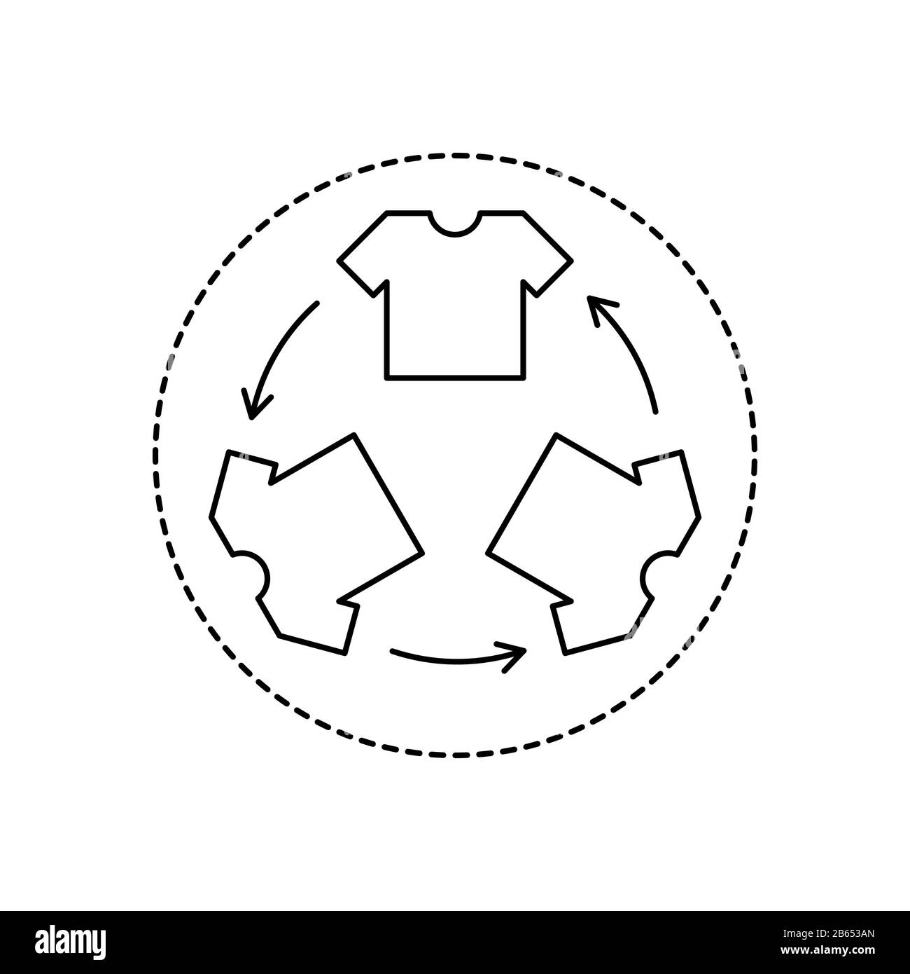 Recycling-Schild für Kleidung im Kreis. T-Shirt Umriss mit Recycling-Pfeilen. Symbol für die Recycling-Kleidung. Ethischer Konsumerismus und umweltfreundliche Herstellung. Stock Vektor