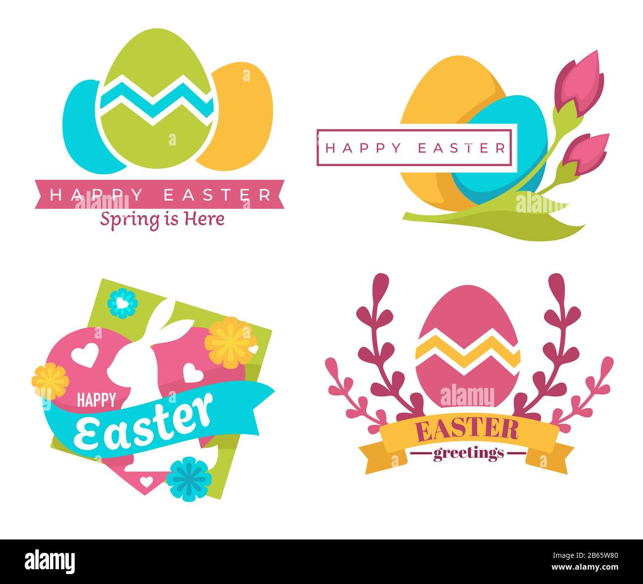 Frohe Ostern isolierte Ikonen, farbige Eier und Häschen Stock Vektor