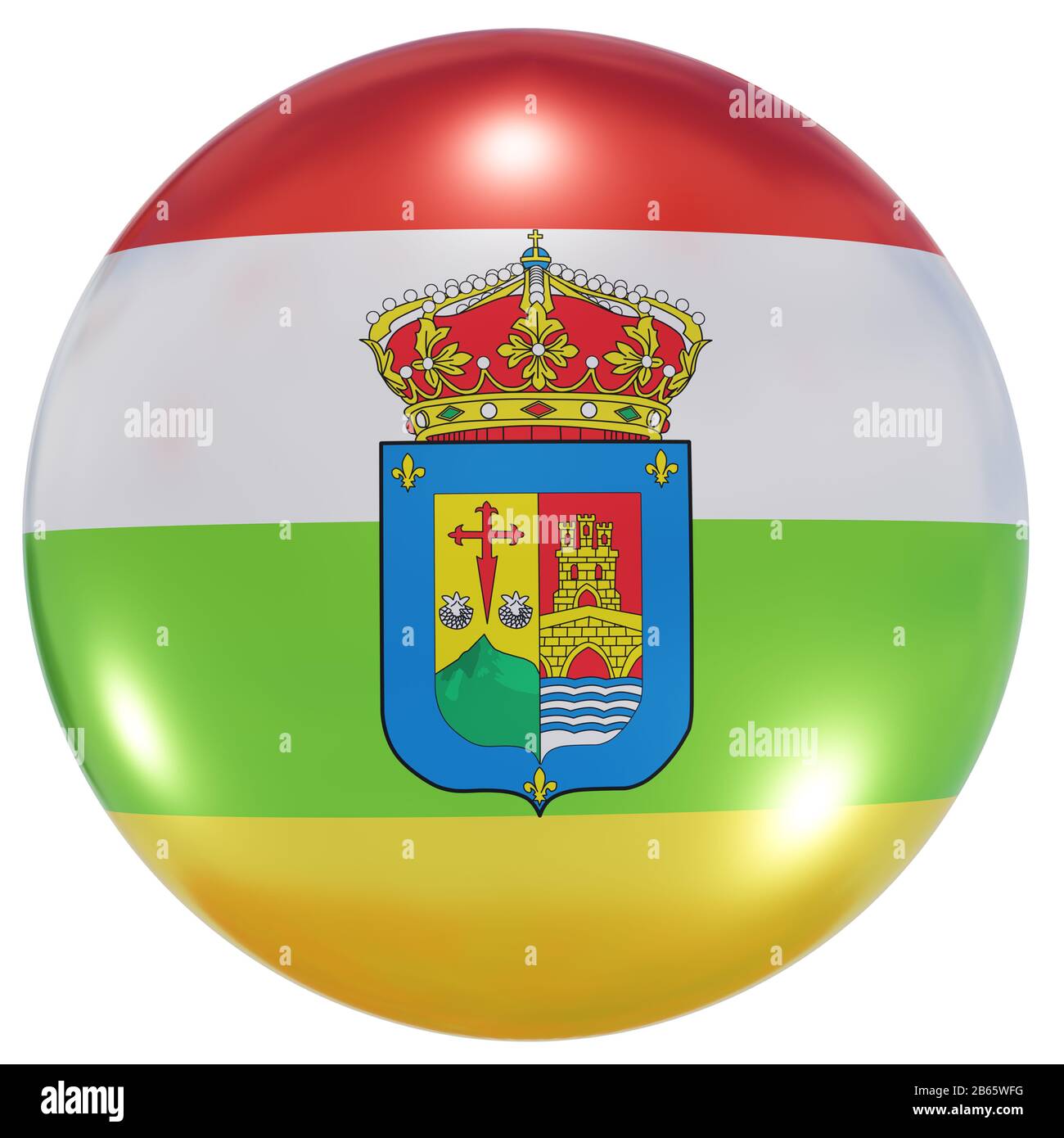 3D-Rendering einer spanischen Flagge der Gemeinde La Rioja auf einer Kreissymbole, isoliert auf weißem Hintergrund Stockfoto