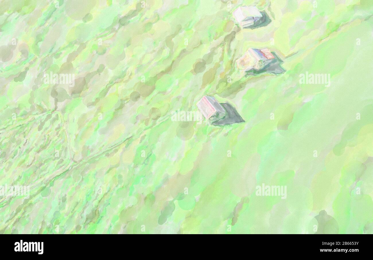 Aquarelldarstellung: Luftbild, von einer Wiese und Weide in Bayern am Alpenrand mit Schuppen und Scheunen Stockfoto