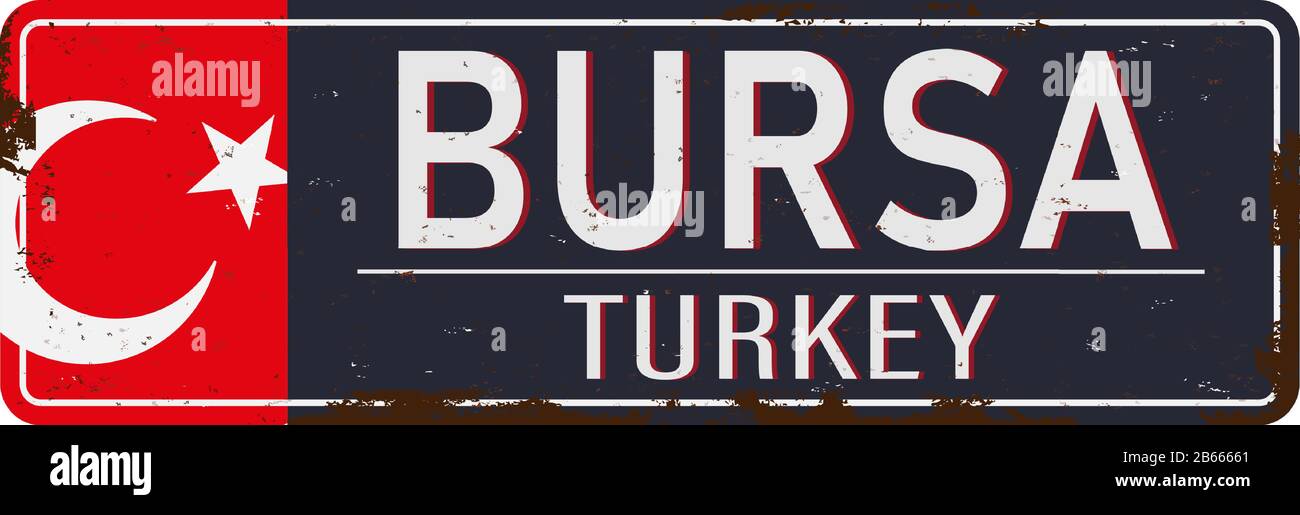 Willkommen im Bursa-Retro-Erinnerungszeichen von einem der beliebtesten Sommerziele der Türkei. Vektorgrafik-Illustration auf weißem Hintergrund Stock Vektor